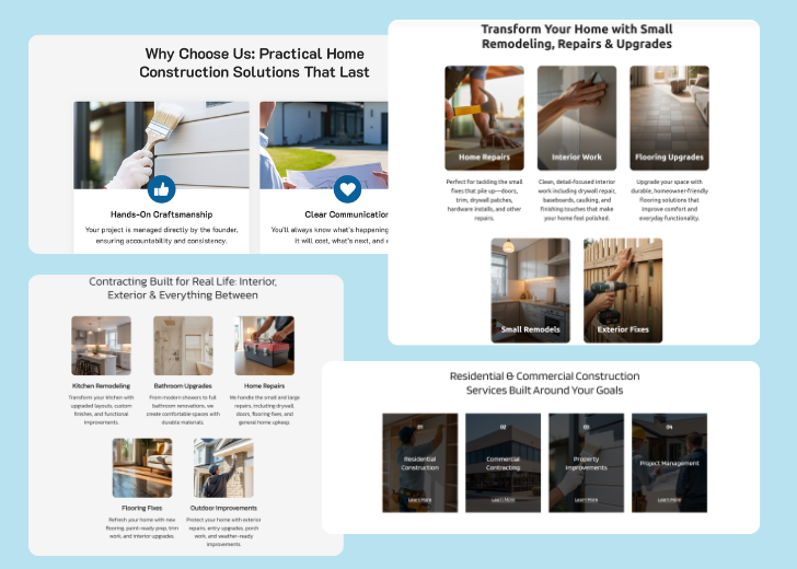 A collage of services section generated by Zarla showing different styles of service items, all having a picture, a title, and a brief description
