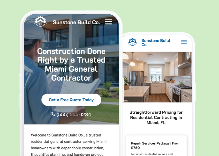 Revive Detailing and Spotless Touch landing pages in two smartphones, side by side, showing mobile view of the websites