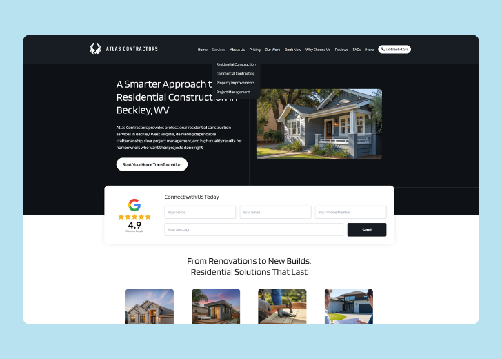 Spotless Touch landing page of a specific service titled 'Post Construction Cleaning' with a contact form on the side