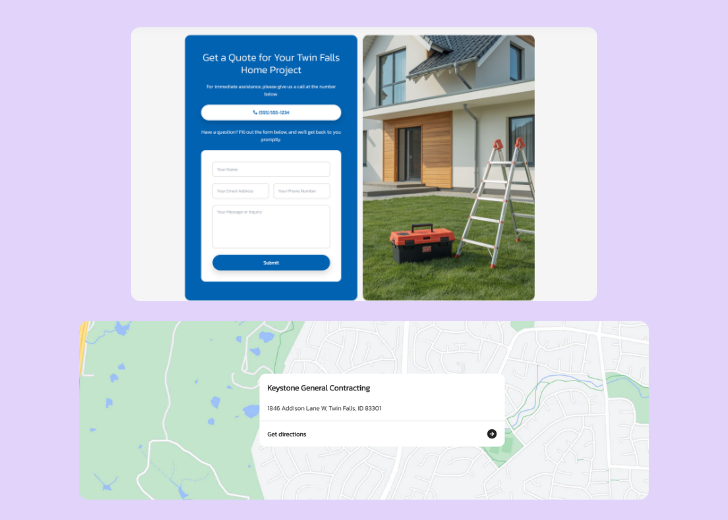 A screenshot of a header with navigation pills with contact number, a blue-colored primary button with contact number, and a 2D depiction of a map with a business address in the center