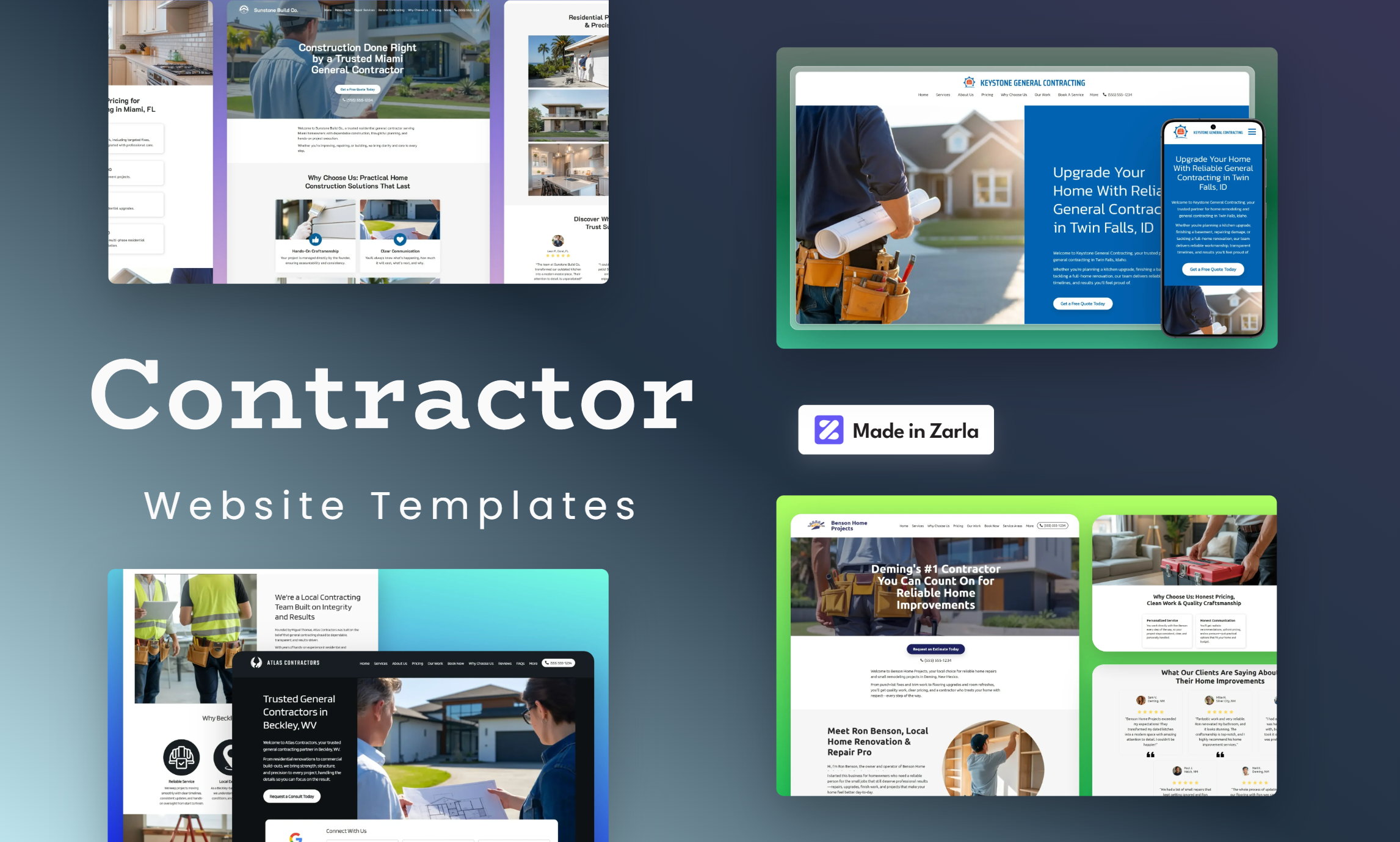 Collection of contractor website templates created with Zarla
