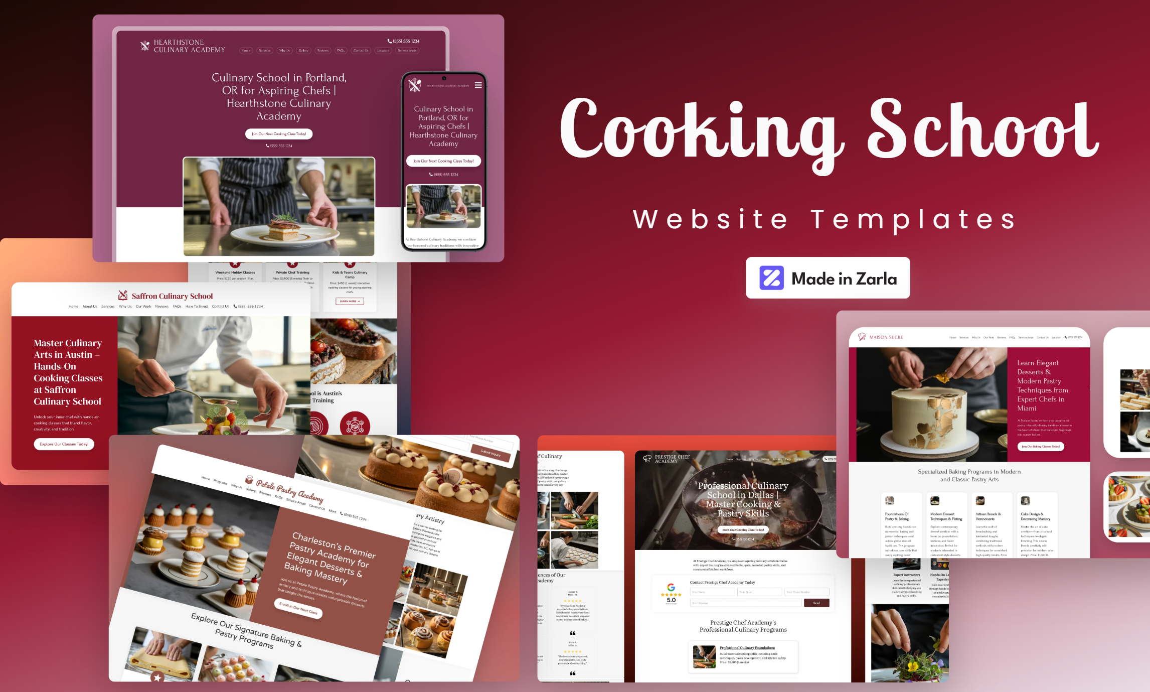 Collection of cooking school website templates created with Zarlaz