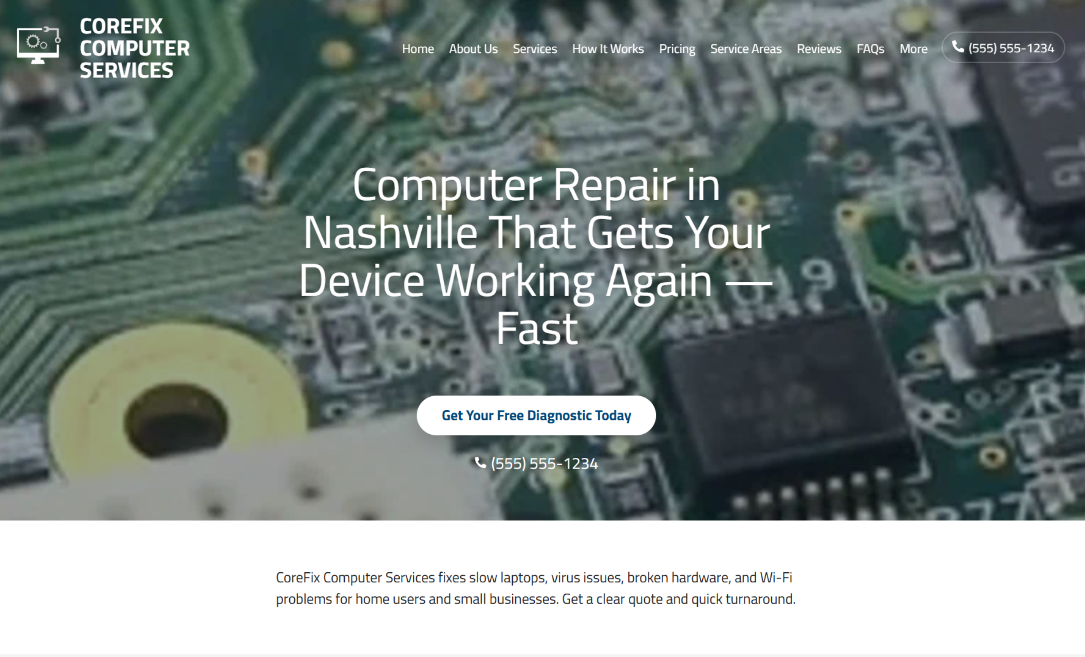 CoreFix Computer Services homepage hero with a close-up circuit board background behind the headline “Computer Repair in Nashville That Gets Your Device Working Again — Fast,” a white “Get Your Free Diagnostic Today” button, and a visible phone number