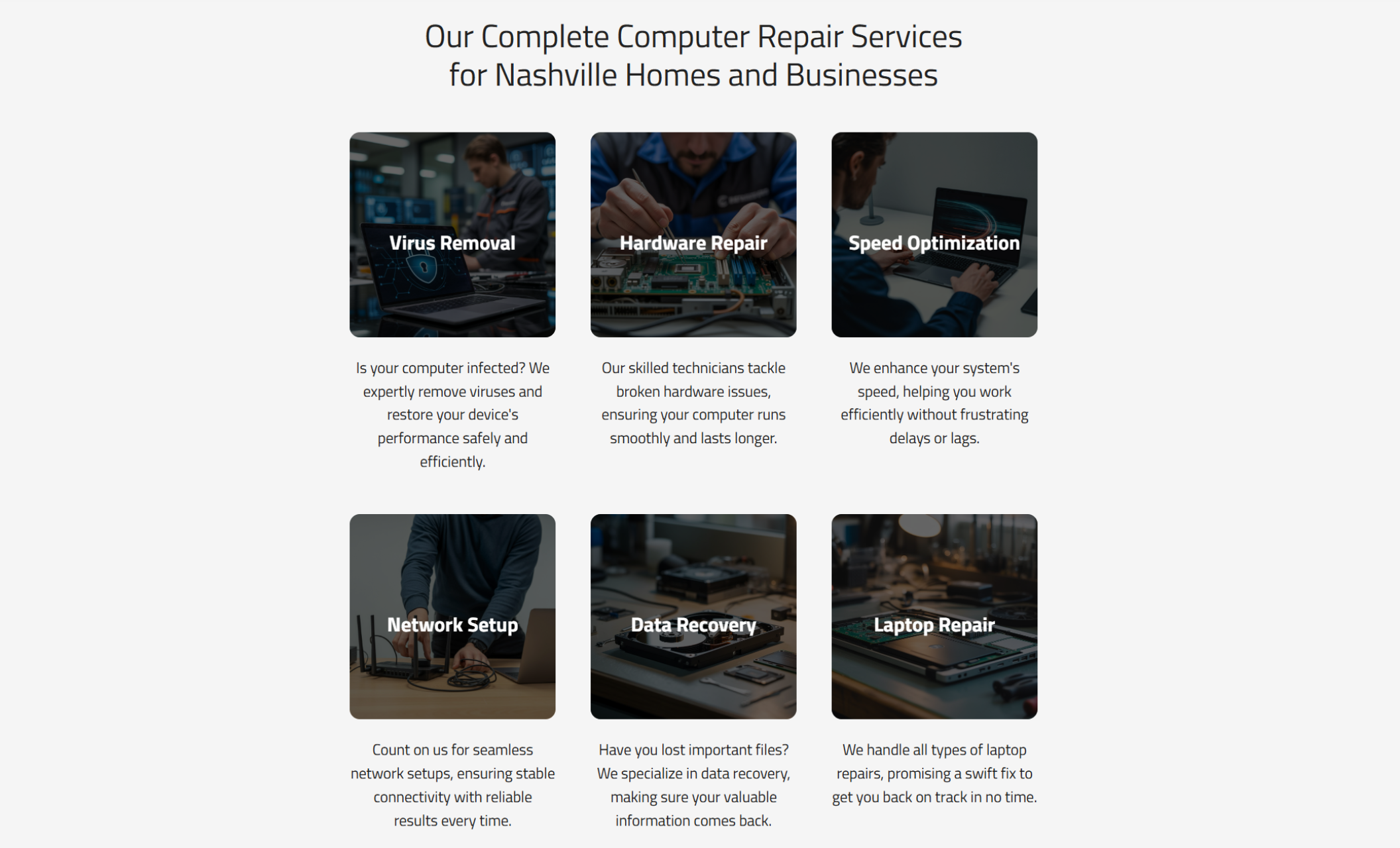 CoreFix Computer Services services section titled “Our Complete Computer Repair Services for Nashville Homes and Businesses,” featuring six service cards for virus removal, hardware repair, speed optimization, network setup, data recovery, and laptop repair