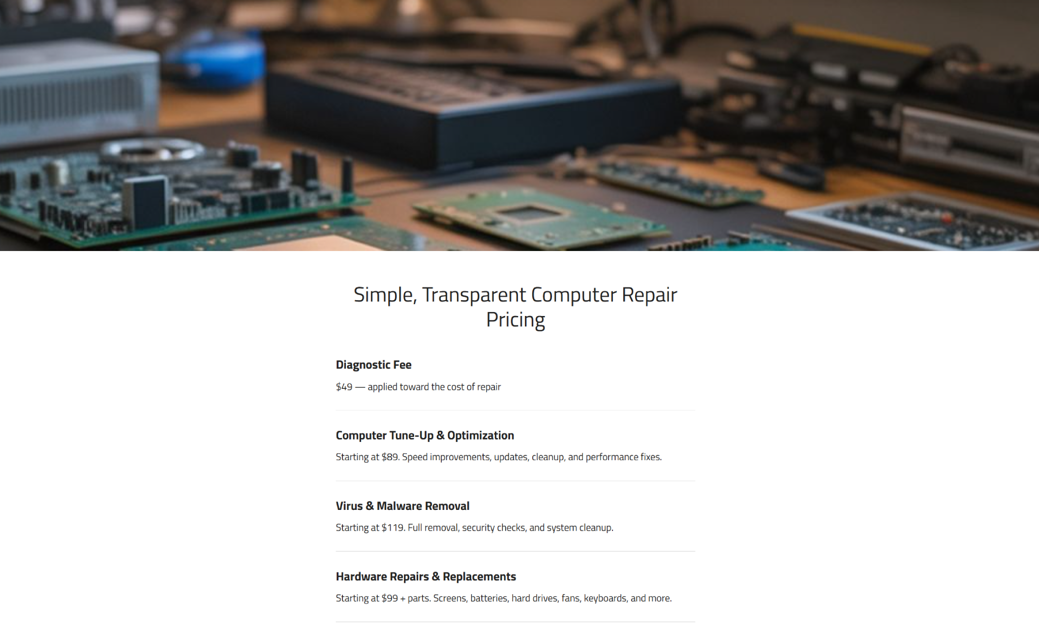 CoreFix Computer Services pricing section displaying the headline “Simple, Transparent Computer Repair Pricing” above a list of services including diagnostic fees, tune-ups, virus removal, and hardware repairs, set over a photo of computer components on a repair workbench