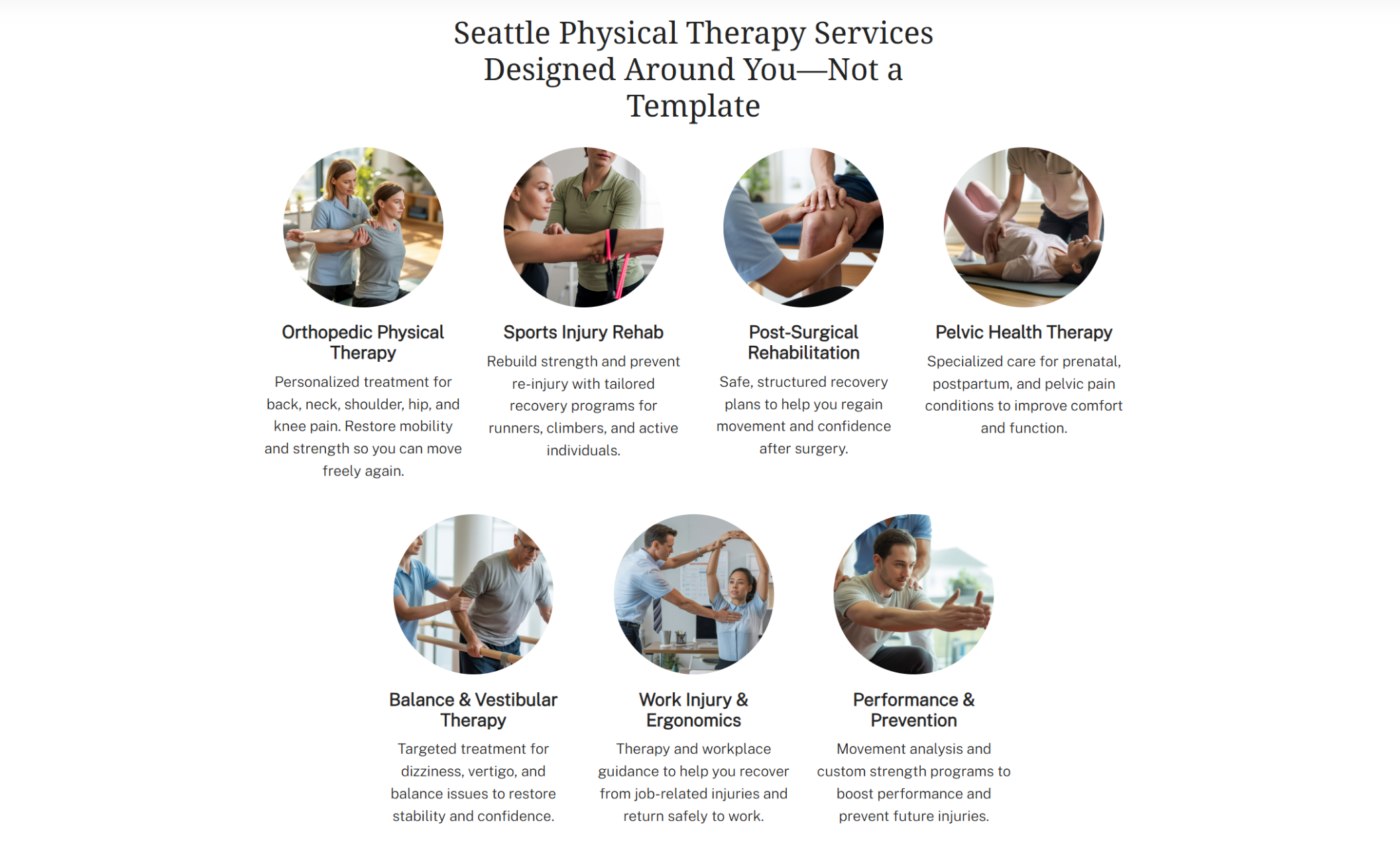 CoreFlex PT services section showing eight circular photos representing treatments like orthopedic therapy, sports injury rehab, post-surgical recovery, pelvic health therapy, balance therapy, work injury care, and performance training, under the headline “Seattle Physical Therapy Services Designed Around You—Not a Template.”