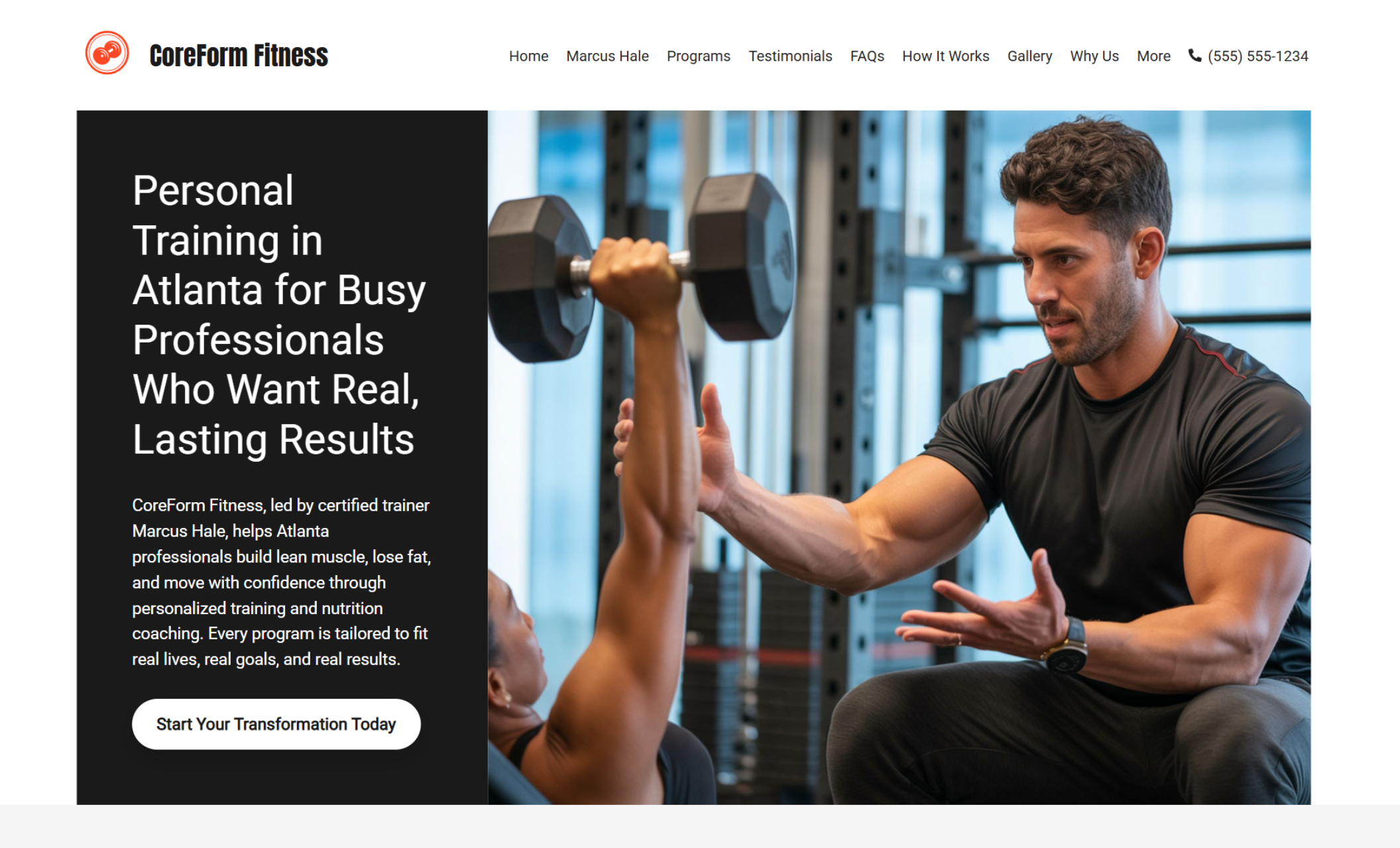 Homepage of CoreForm Fitness showing a male personal trainer guiding a client lifting dumbbells beside the headline “Personal Training in Atlanta for Busy Professionals Who Want Real, Lasting Results” and a white call-to-action button labeled “Start Your Transformation Today.”