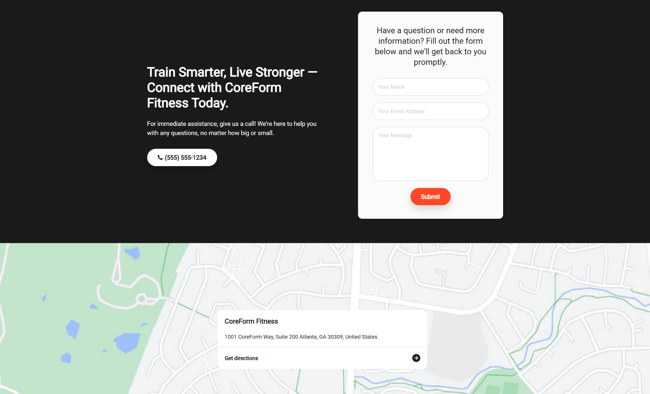 Contact section of the CoreForm Fitness website showing a dark background with the headline “Train Smarter, Live Stronger — Connect with CoreForm Fitness Today,” a white contact form on the right, and a map highlighting the Atlanta business location below