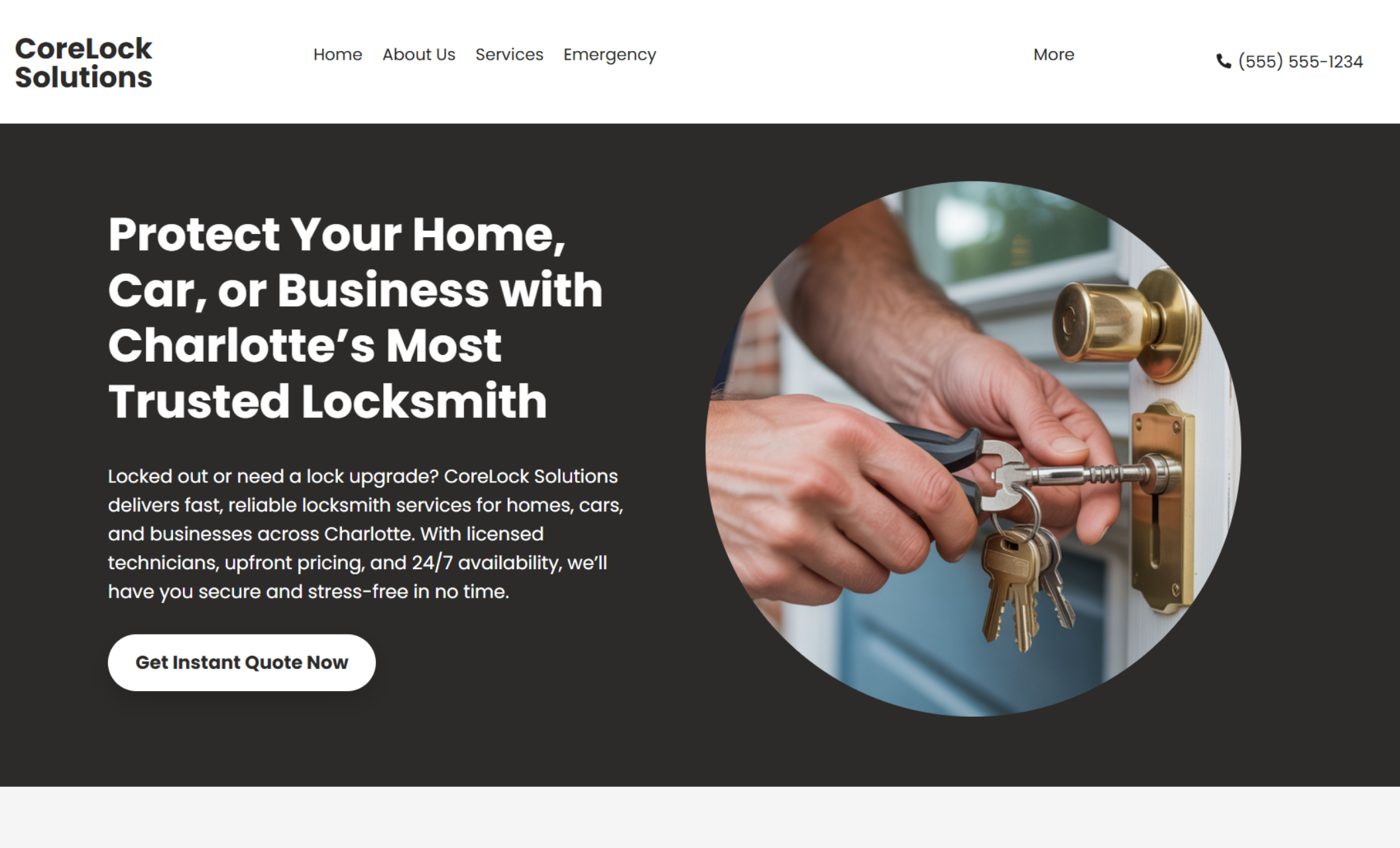 CoreLock Solutions homepage featuring a close-up of hands turning a key in a lock beside the headline “Protect Your Home, Car, or Business with Charlotte’s Most Trusted Locksmith” and a button reading “Get Instant Quote Now.”
