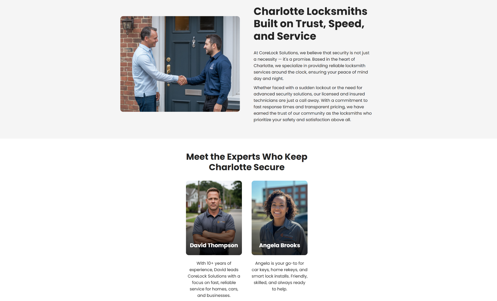 About section with a photo of a locksmith shaking hands with a customer outside a home and a subheading “Charlotte Locksmiths Built on Trust, Speed, and Service,” followed by team member bios for David Thompson and Angela Brooks