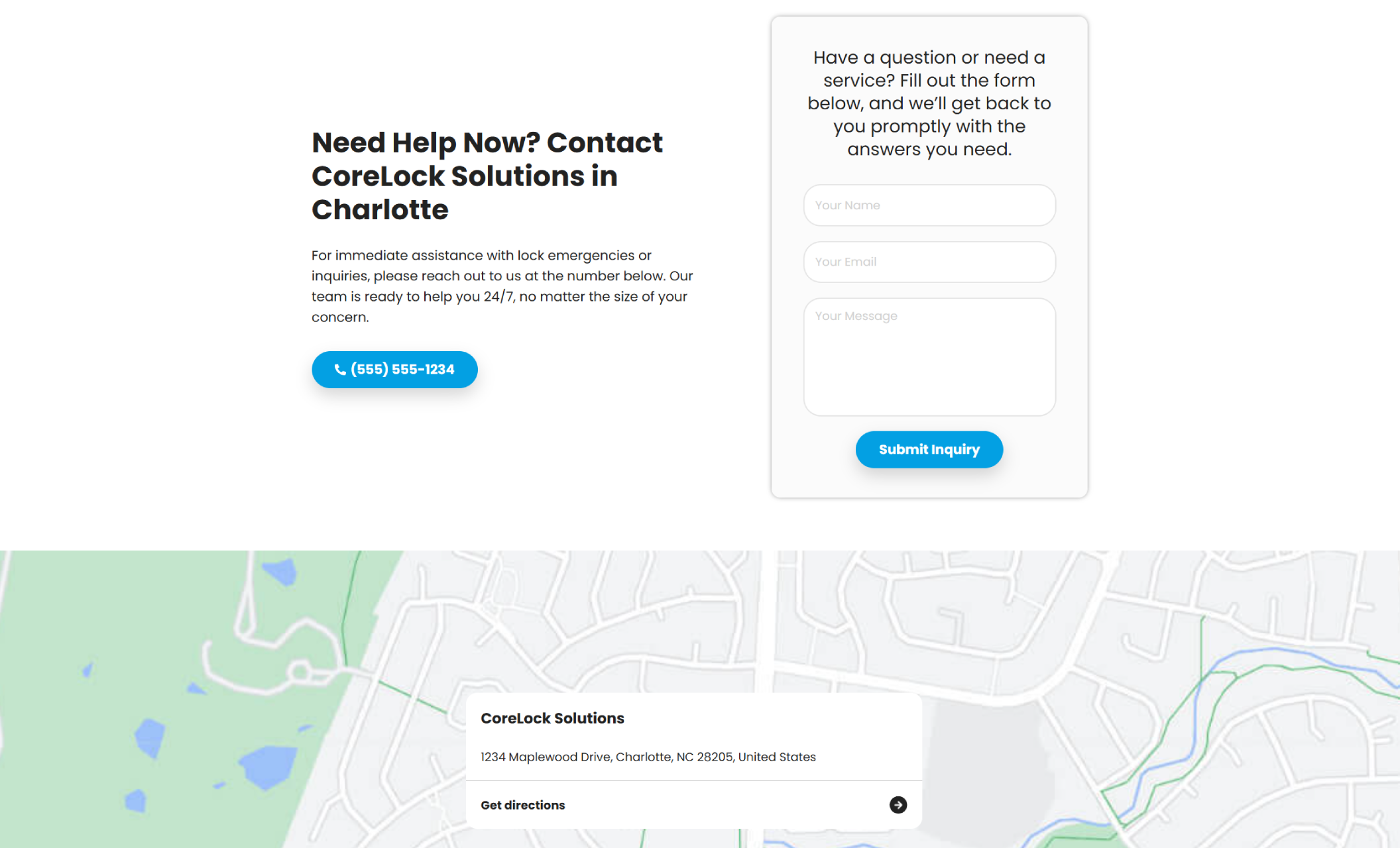 Contact page with a bold headline “Need Help Now? Contact CoreLock Solutions in Charlotte,” a phone number, a contact form, and an embedded map showing the company’s location on Maplewood Drive