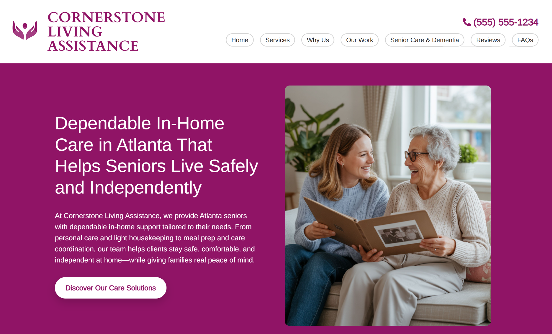 Cornerstone Living Assistance homepage hero featuring a joyful moment between a caregiver and older woman looking through a photo album beside the headline “Dependable In-Home Care in Atlanta That Helps Seniors Live Safely and Independently” and a button labeled “Discover Our Care Solutions.”