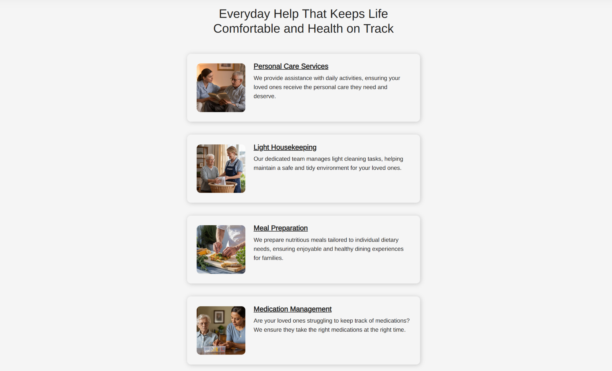 Cornerstone Living Assistance services section showing four service cards—Personal Care, Light Housekeeping, Meal Preparation, and Medication Management—each paired with a supportive caregiver image and brief description