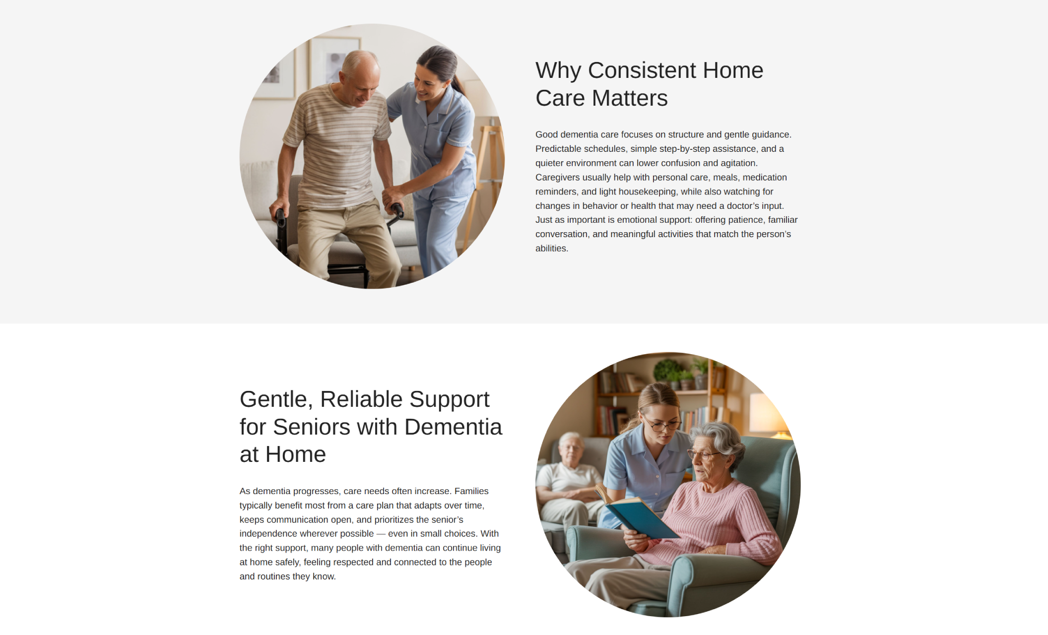 Cornerstone Living Assistance dementia care section featuring a circular photo of a caregiver helping a senior man stand, displayed next to the headline “Why Consistent Home Care Matters” and a detailed explanation of structured dementia support