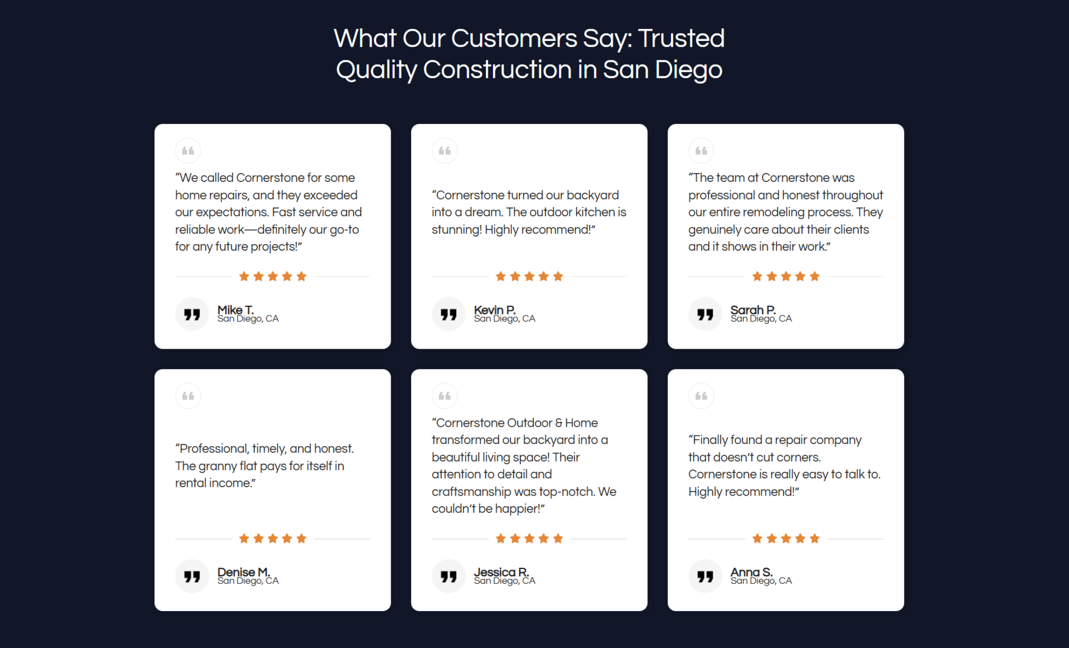 Cornerstone Outdoor & Home customer testimonials section with six white cards on a dark background featuring quotes from San Diego clients praising granny flats, outdoor kitchens, and remodeling projects, each with five-star ratings