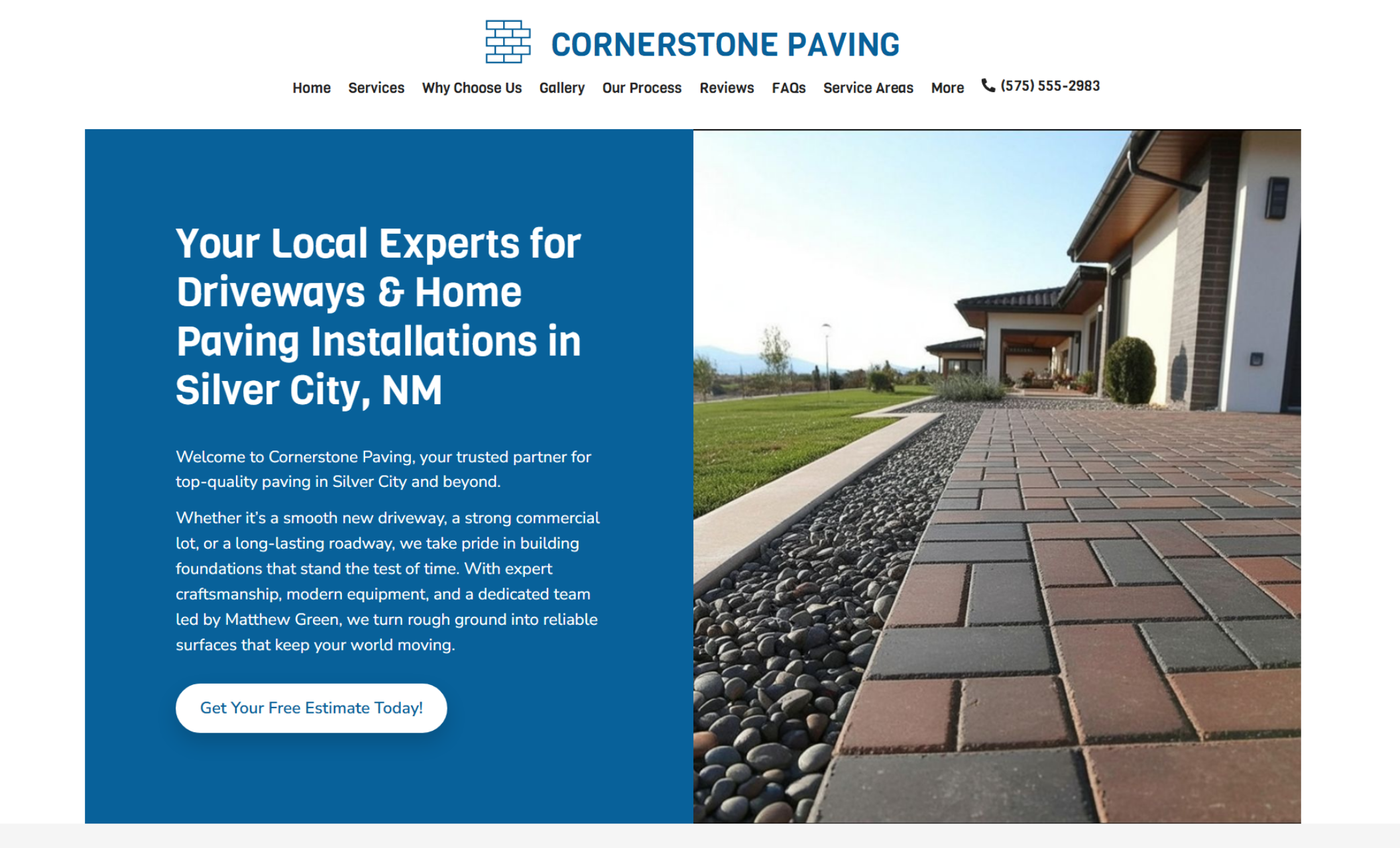 Cornerstone Paving homepage with a bold blue text block reading “Your Local Experts for Driveways & Home Paving Installations in Silver City, NM” beside a wide photo of a paved brick driveway