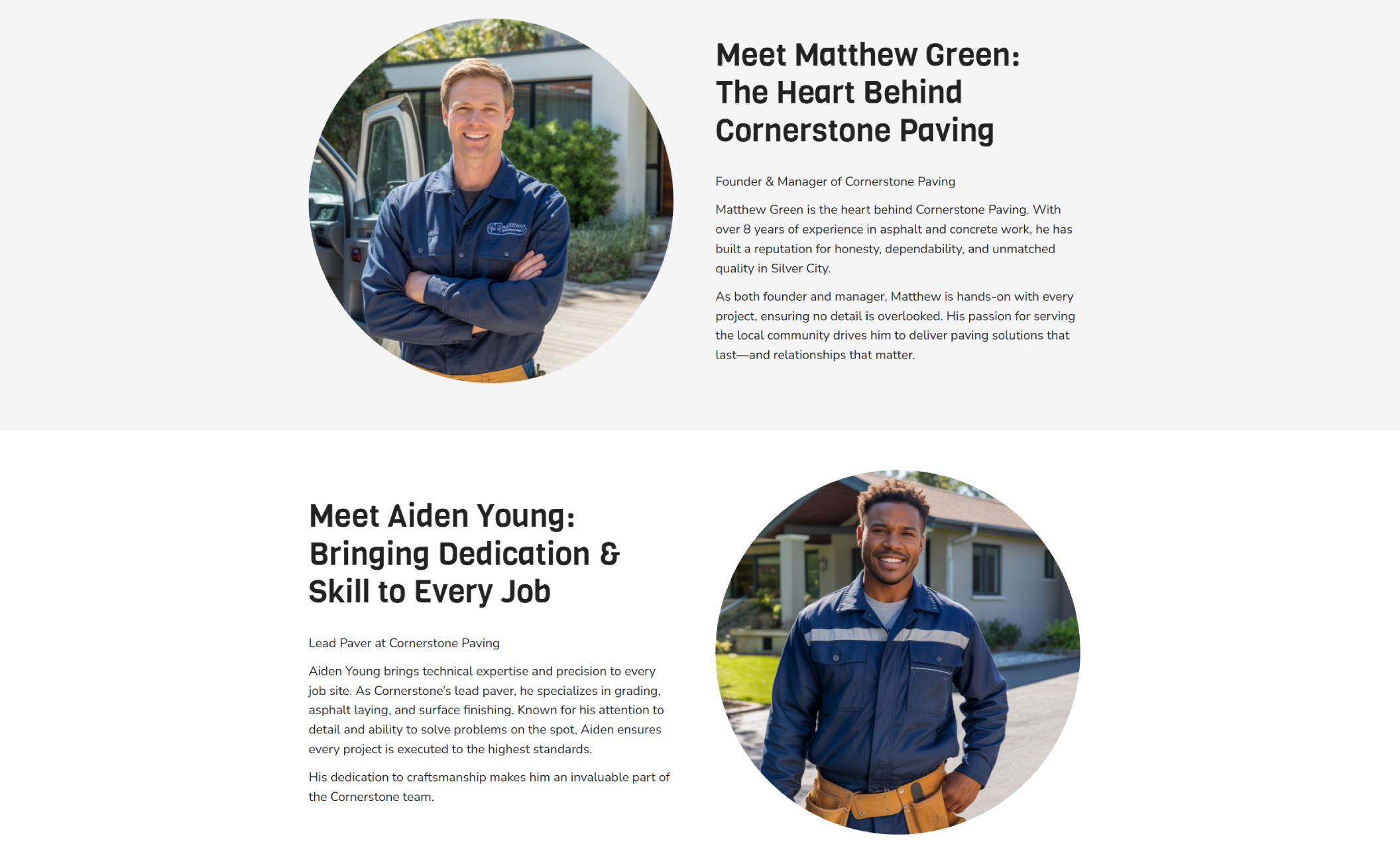 Cornerstone Paving “Meet the Team” section featuring a smiling man in a navy work jacket labeled as Matthew Green, and another worker, Aiden Young, both posed outside homes with descriptive bios beside their photos