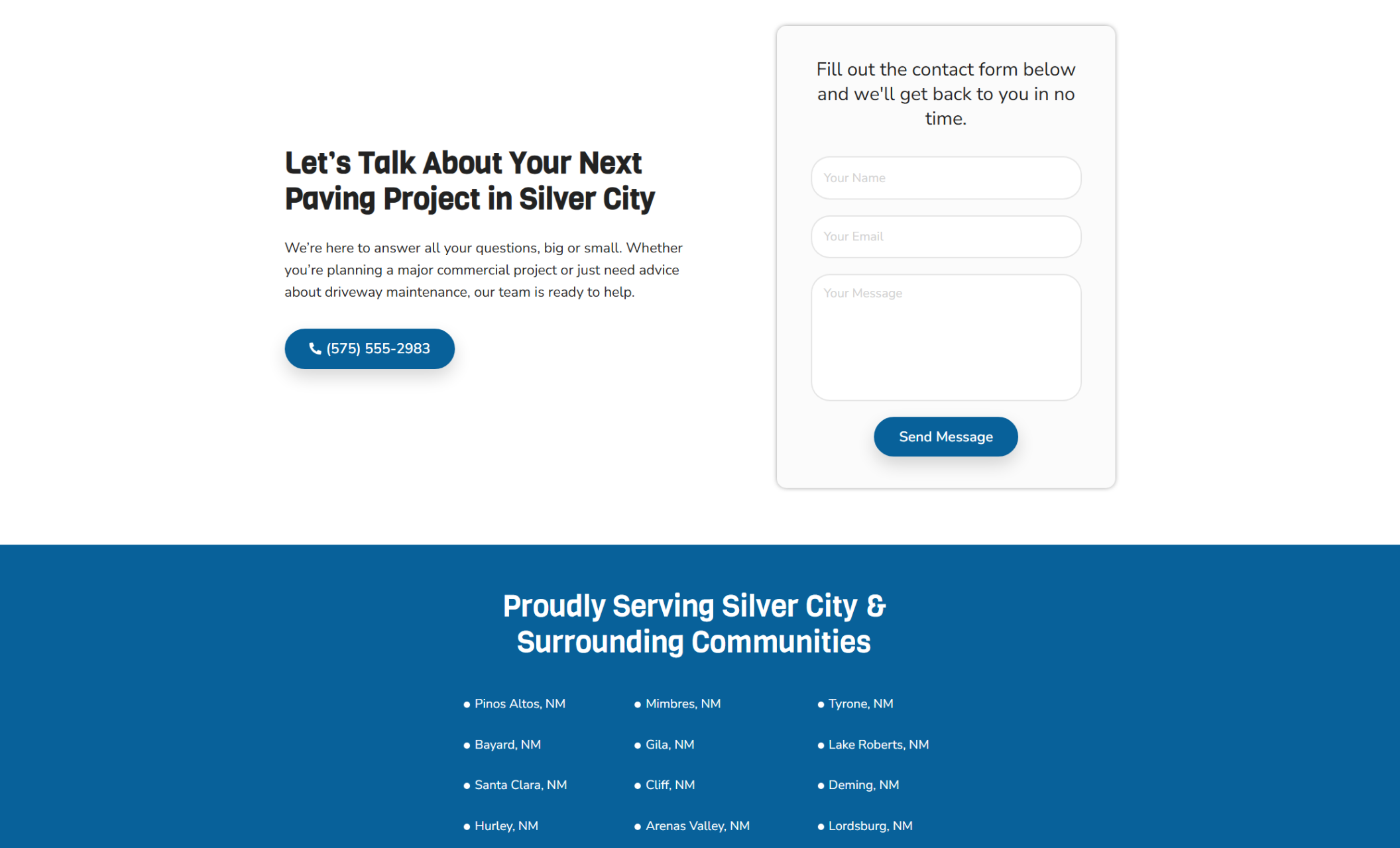 Cornerstone Paving contact section showing a blue phone button, a white contact form with name, email, and message fields, and a headline reading “Let’s Talk About Your Next Paving Project in Silver City.”
