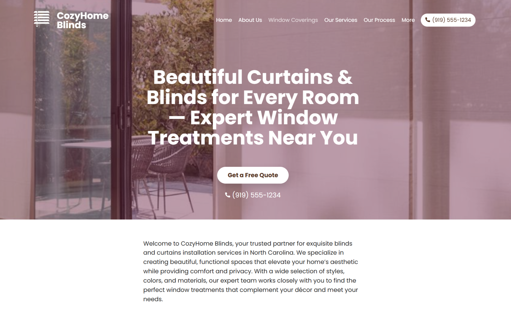 CozyHome Blinds homepage featuring a patio view through translucent roller shades with the headline “Beautiful Curtains & Blinds for Every Room — Expert Window Treatments Near You” and a white “Get a Free Quote” button