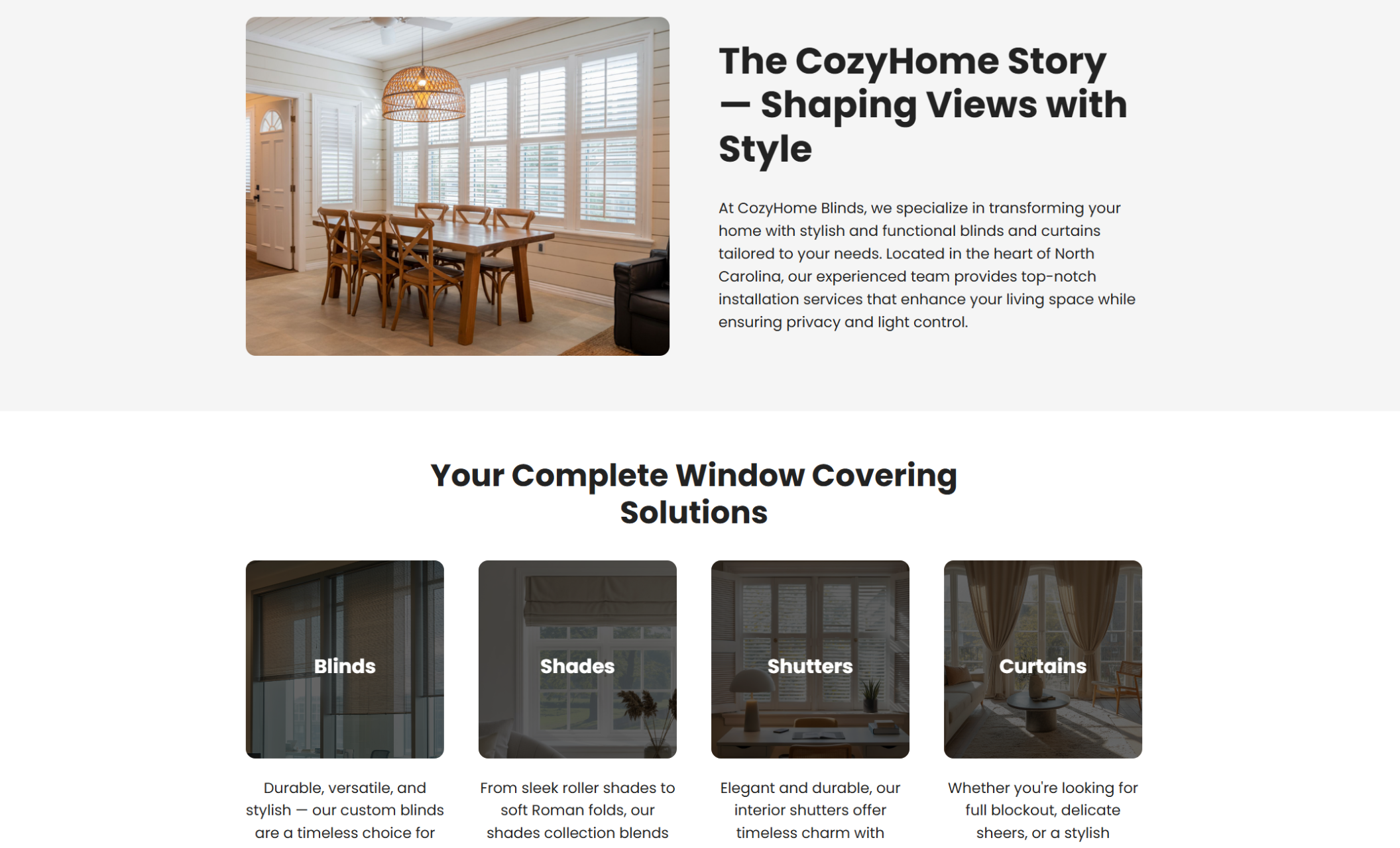 CozyHome Blinds “The CozyHome Story” section showing a cozy dining area with white shutters and wooden furniture beside a paragraph about the brand’s North Carolina-based team and dedication to stylish, functional window solutions