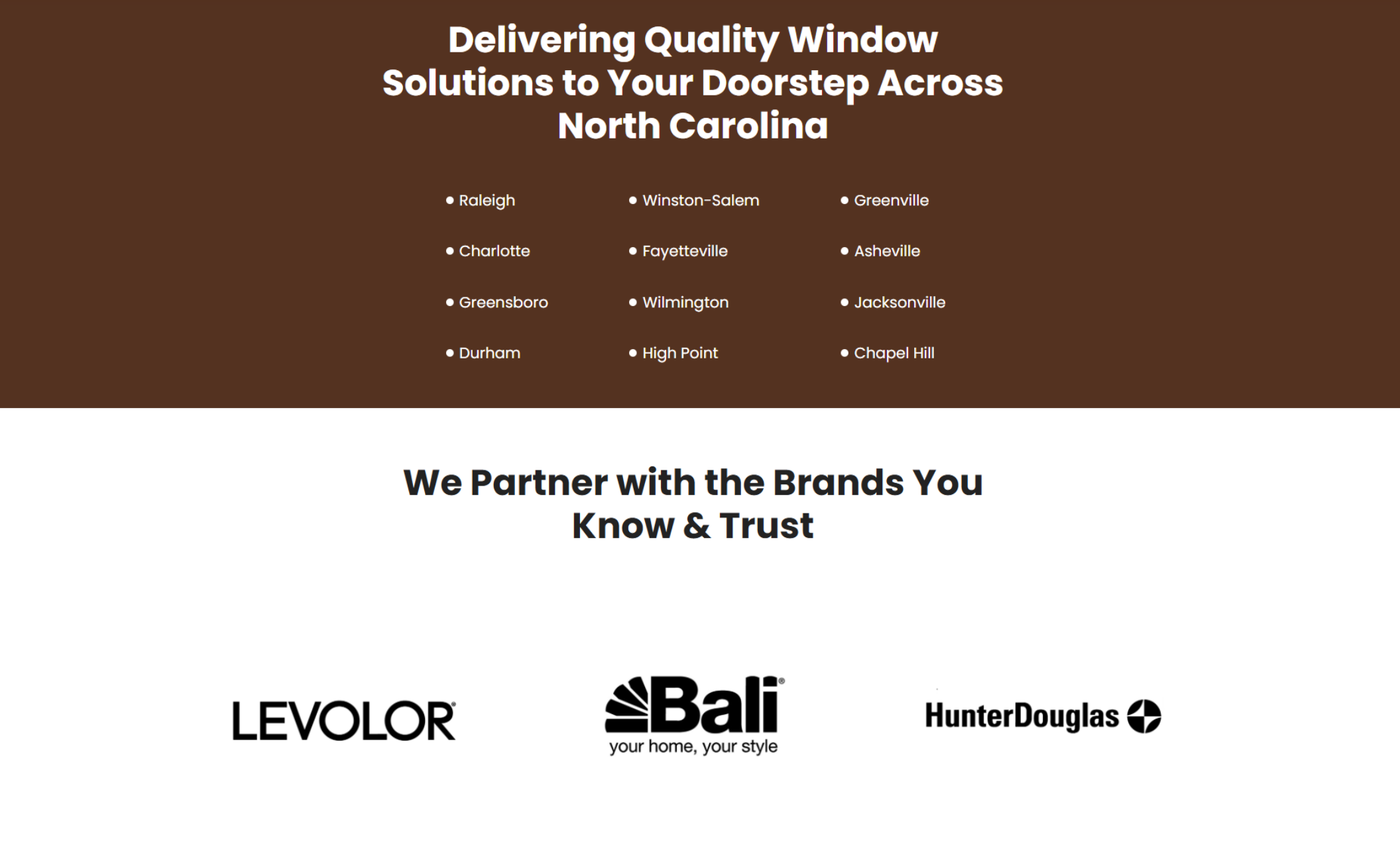 CozyHome Blinds service area and partner brands section with a brown background listing major North Carolina cities and a white section below featuring logos for LEVOLOR, Bali, and Hunter Douglas under the heading “We Partner with the Brands You Know & Trust