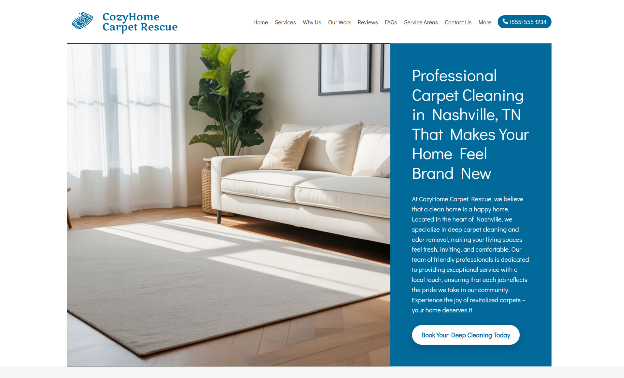 CozyHome Carpet Rescue homepage hero featuring a sunlit living room with a plush area rug and cream sofa beside the headline “Professional Carpet Cleaning in Nashville, TN That Makes Your Home Feel Brand New” and a white button that says “Book Your Deep Cleaning Today.”