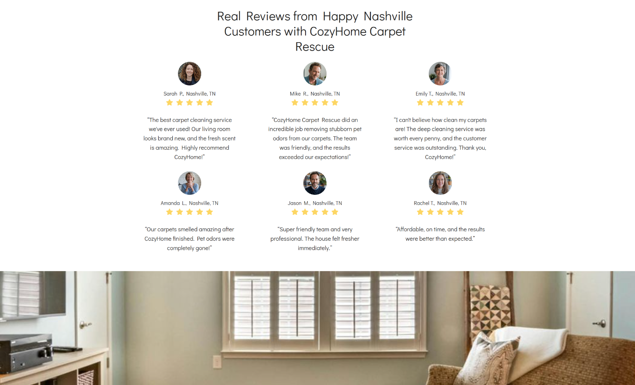 CozyHome Carpet Rescue reviews section displaying six five-star testimonials from Nashville customers with profile photos under the headline “Real Reviews from Happy Nashville Customers with CozyHome Carpet Rescue.”