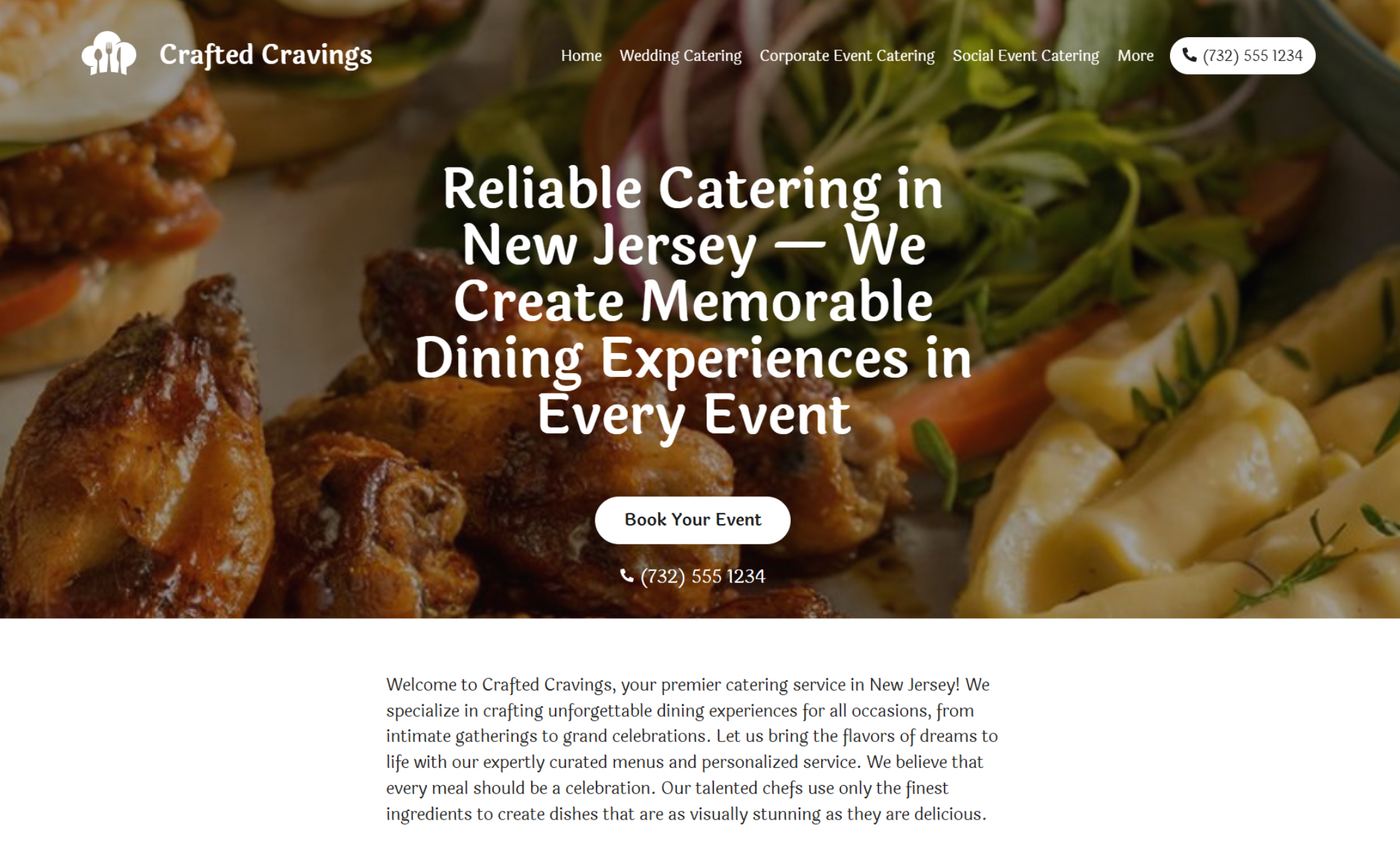Homepage of Crafted Cravings featuring a vibrant close-up of wings, salad, and pasta beneath the bold headline “Reliable Catering in New Jersey — We Create Memorable Dining Experiences in Every Event” with a white booking button and phone number