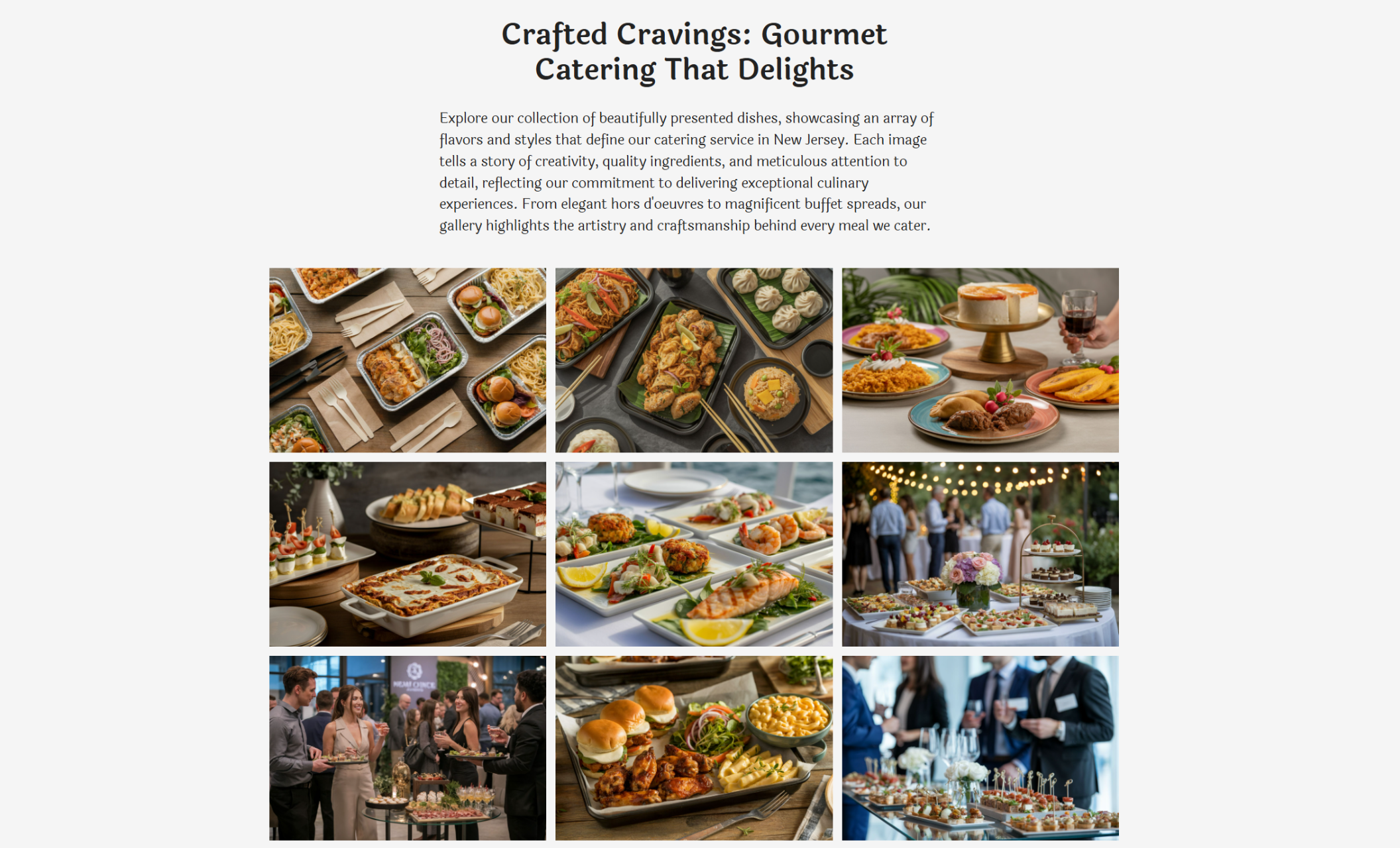 Catering gallery section titled “Crafted Cravings: Gourmet Catering That Delights” with a 3x4 grid of beautifully plated dishes, buffet spreads, desserts, and event scenes, celebrating culinary artistry and presentation