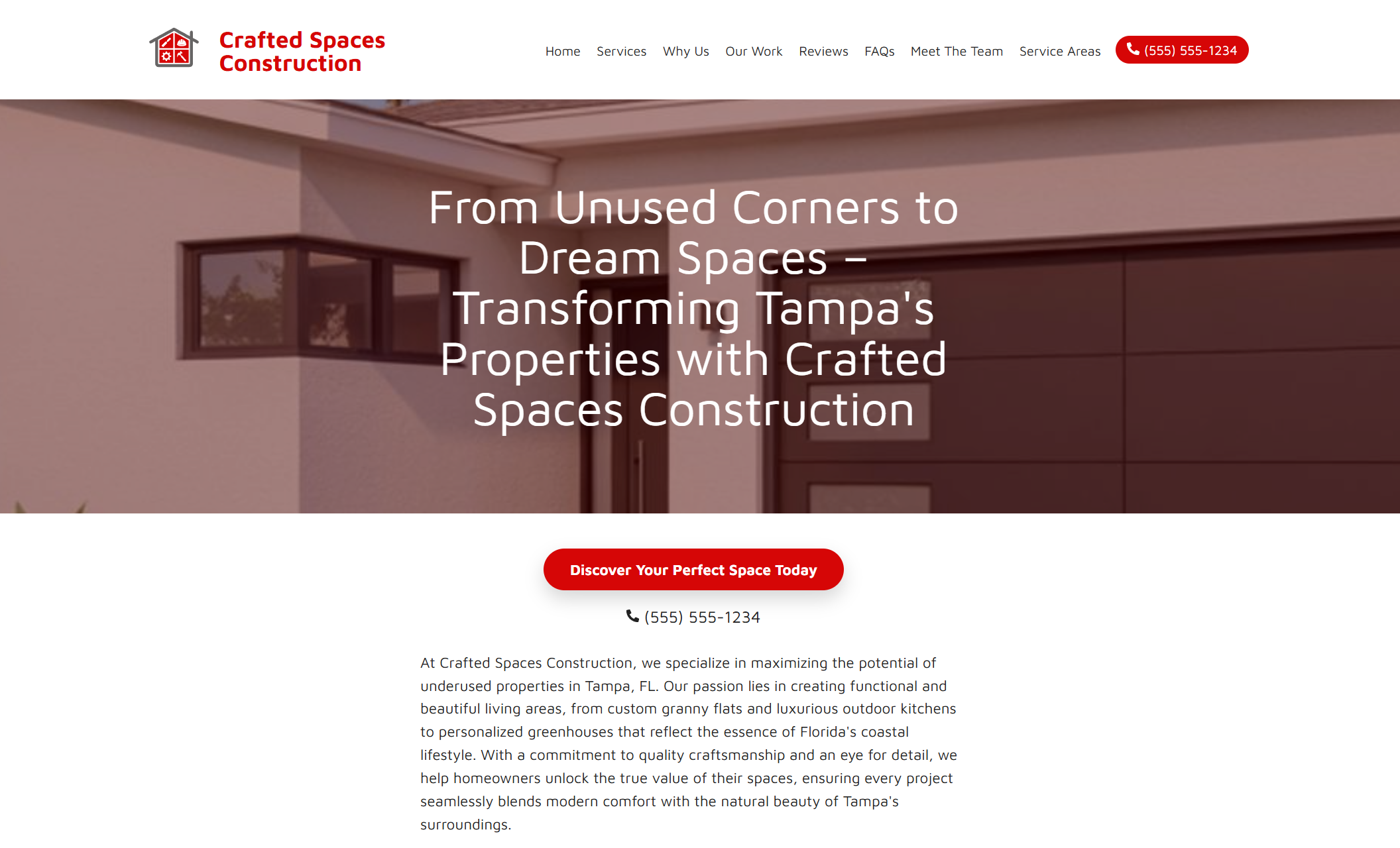 Crafted Spaces Construction homepage hero section showing a modern residential exterior with the headline “From Unused Corners to Dream Spaces – Transforming Tampa’s Properties with Crafted Spaces Construction” and a red button that says “Discover Your Perfect Space Today.”