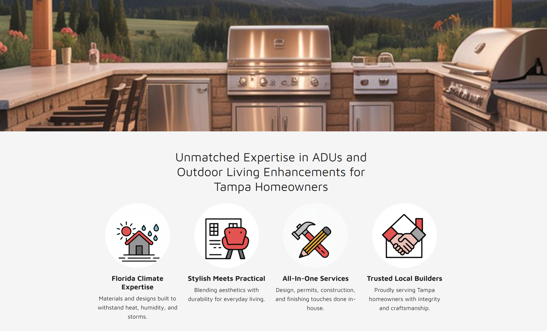 Crafted Spaces Tampa expertise section featuring a luxury outdoor kitchen with stainless steel appliances above four illustrated icons representing Florida Climate Expertise, Stylish Meets Practical, All-In-One Services, and Trusted Local Builders