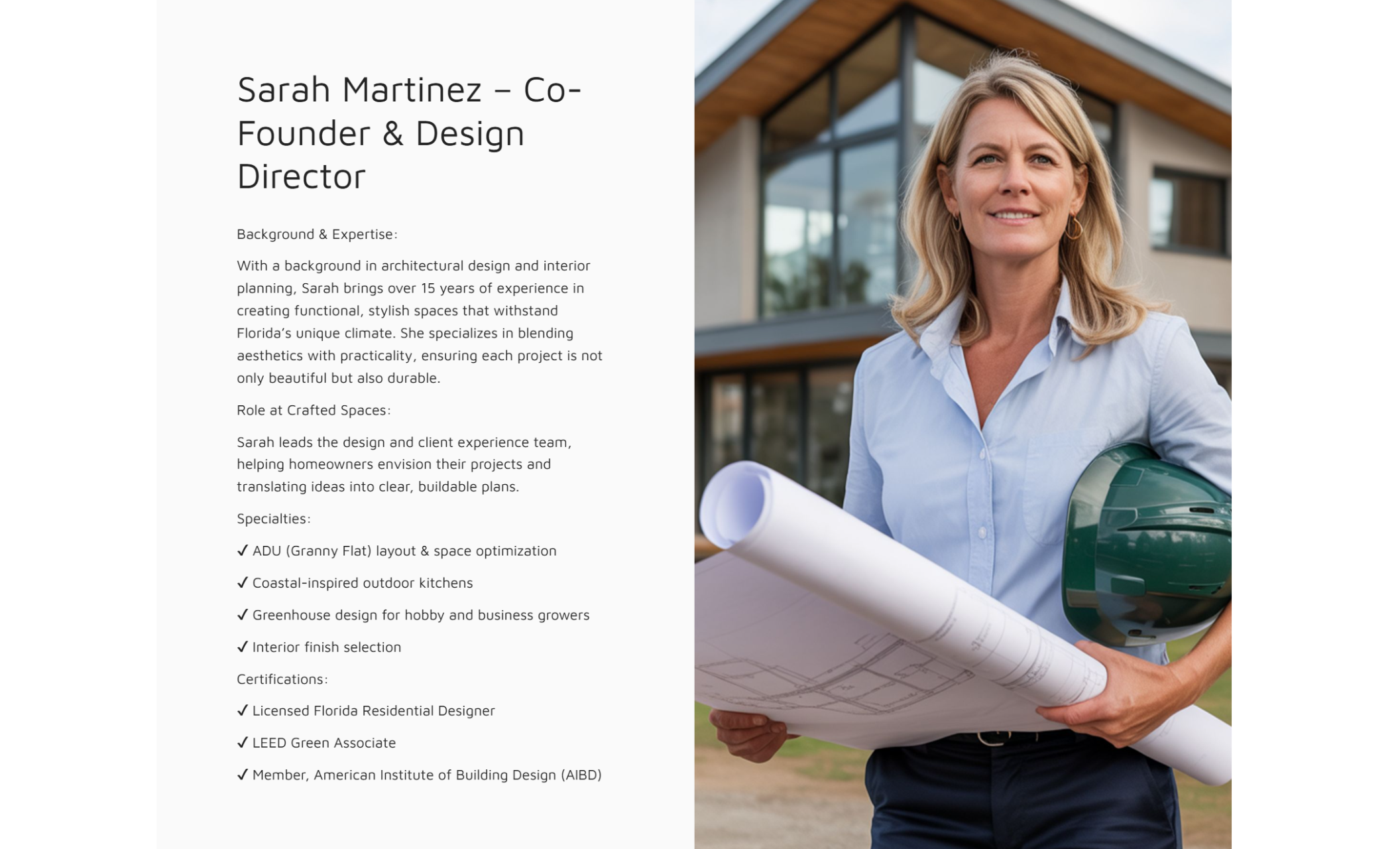Crafted Spaces team profile introducing Sarah Martinez, Co-Founder & Design Director, with a portrait of her holding blueprints and a hard hat, alongside a bio highlighting her expertise in ADUs, outdoor kitchens, and sustainable design