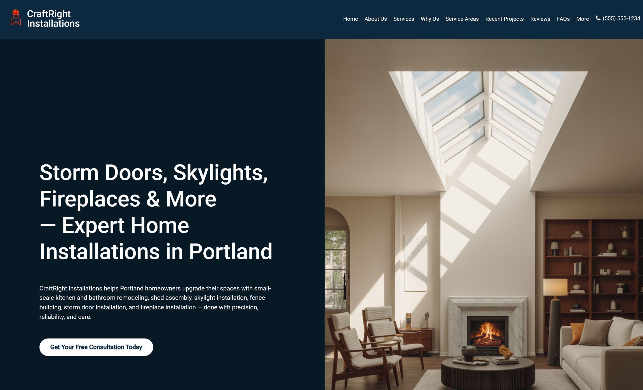 CraftRight Installations homepage with a bright interior photo of a skylit living room and fireplace beside the headline “Storm Doors, Skylights, Fireplaces & More — Expert Home Installations in Portland” and a white button that says “Get Your Free Consultation Today.”