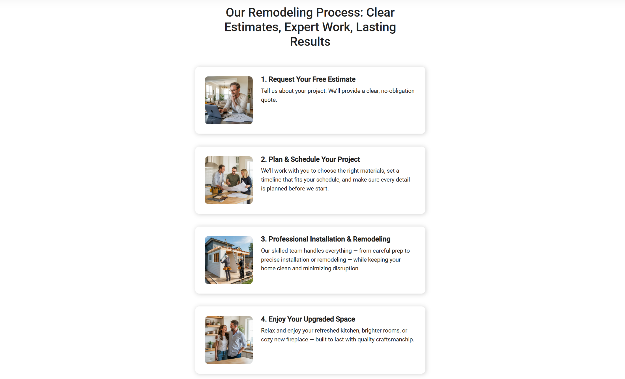 CraftRight Installations process section featuring four steps — request estimate, plan project, professional installation, and enjoy upgraded space — each with supporting photos and descriptions under the headline “Our Remodeling Process: Clear Estimates, Expert Work, Lasting Results.”