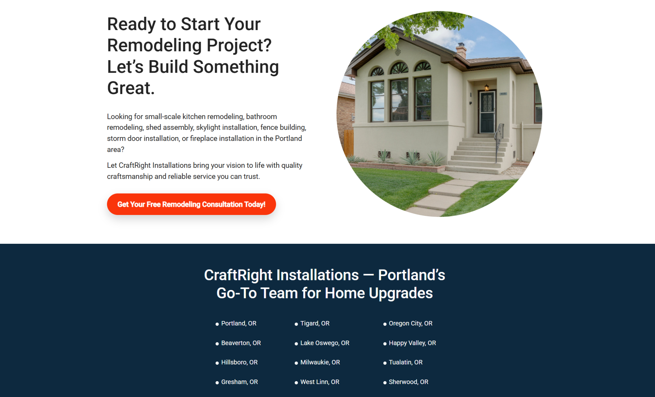 CraftRight Installations call-to-action section featuring a circular photo of a Portland home exterior beside bold text “Ready to Start Your Remodeling Project? Let’s Build Something Great” and a red button that says “Get Your Free Remodeling Consultation Today.”