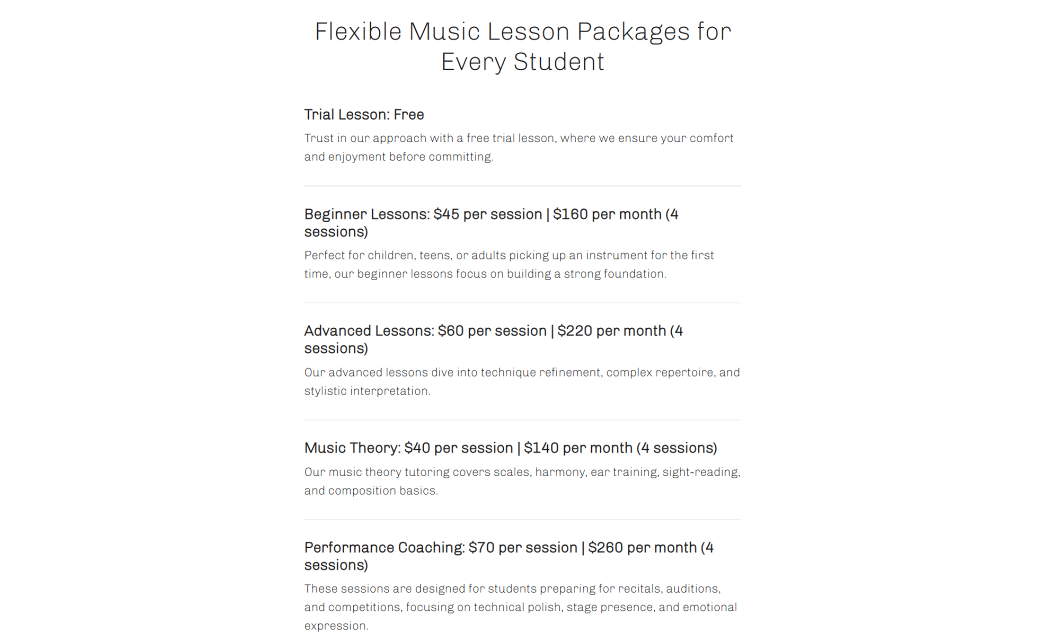 Crescendo Academy webpage featuring a smiling instructor and student playing piano together, beside the headline “Take the First Step Toward Musical Excellence — Book a Trial Lesson For Free!” and a brown button that says “Start Your Musical Journey Today.”