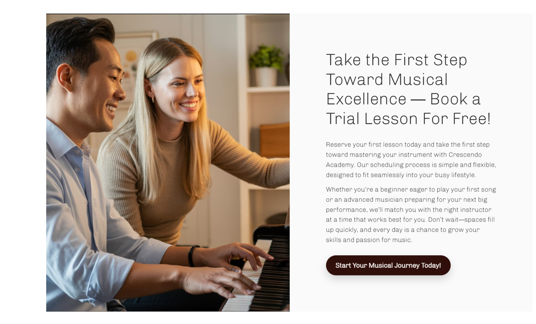 Crescendo Academy webpage featuring the headline “Flexible Music Lesson Packages for Every Student” with a list of trial, beginner, advanced, music theory, and performance coaching lesson options and pricing