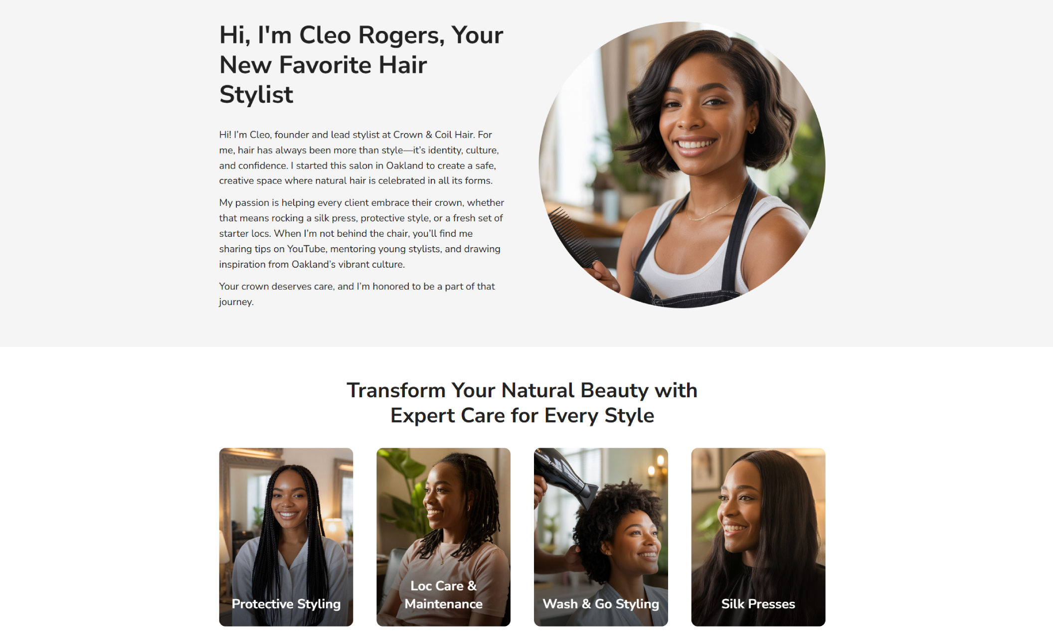 A warm, welcoming section introducing Cleo Rogers, the founder and lead stylist of Crown & Coil Hair, shown smiling beside the headline “Hi, I'm Cleo Rogers, Your New Favorite Hair Stylist.”