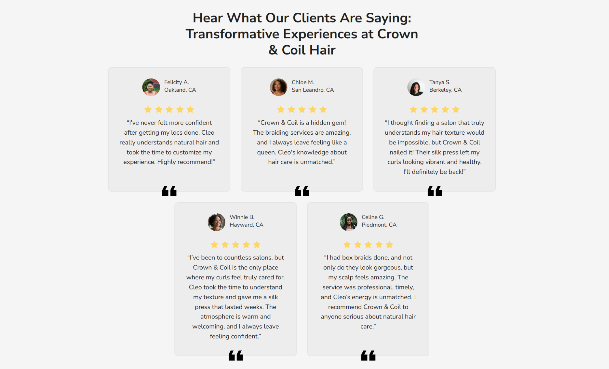 Client testimonials section from Crown & Coil Hair featuring five customer reviews with names, star ratings, and positive feedback about the salon’s natural hair services and welcoming atmosphere