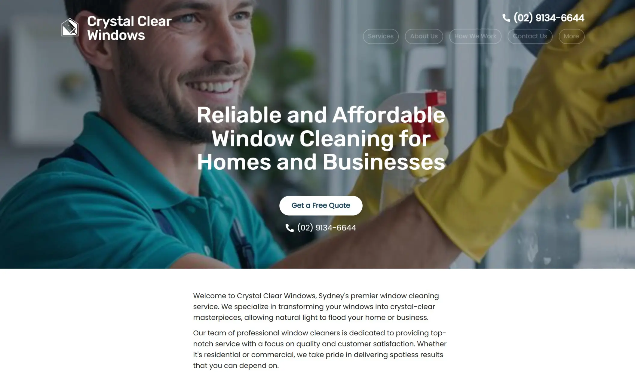 Crystal Clear Windows' homepage featuring the image of a man cleaning a window in the background, company branding, call-to-action button, and a brief introduction to the company