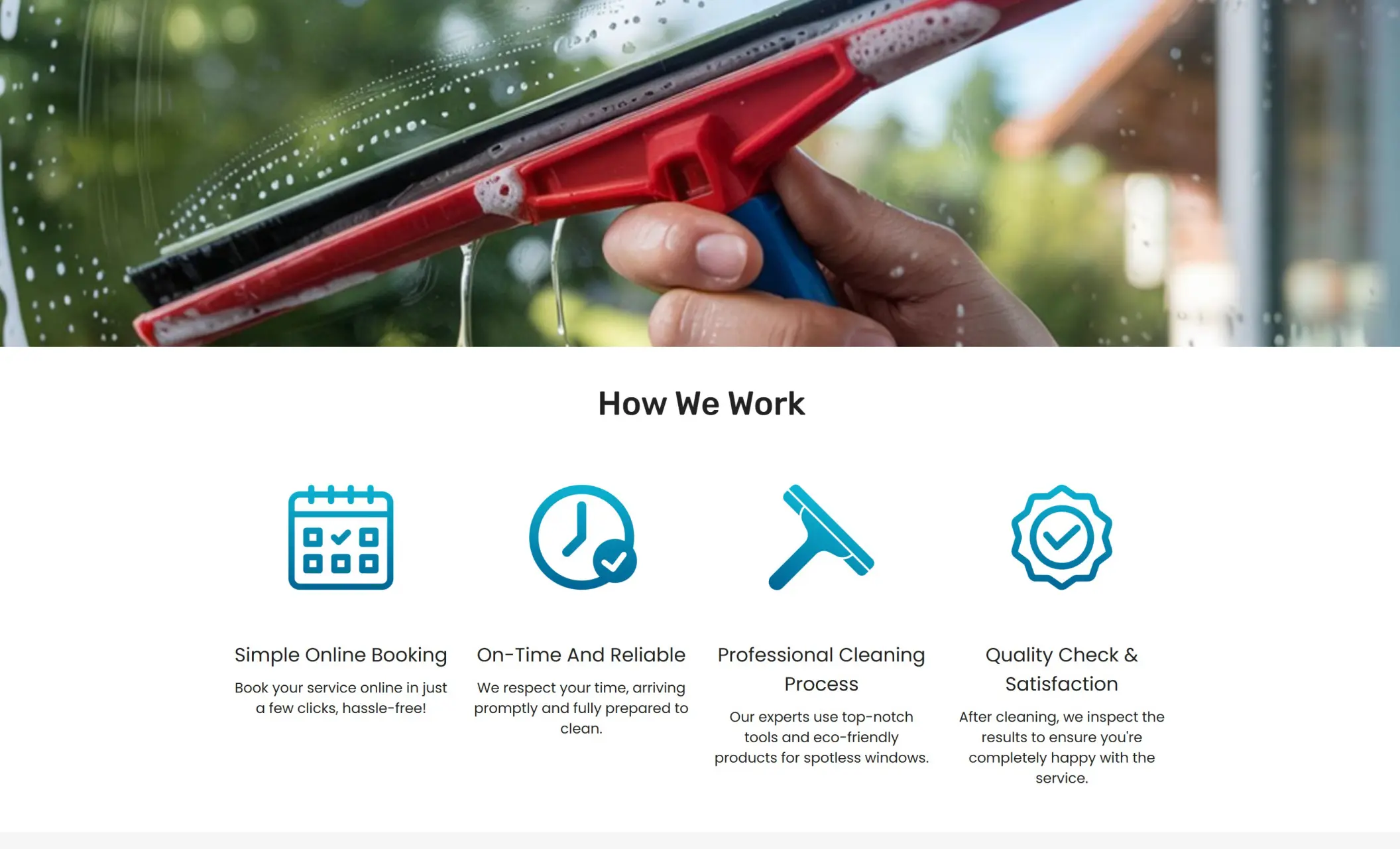 Crystal Clear Windows' website displaying the "How We Work" section, and the image of a window puller