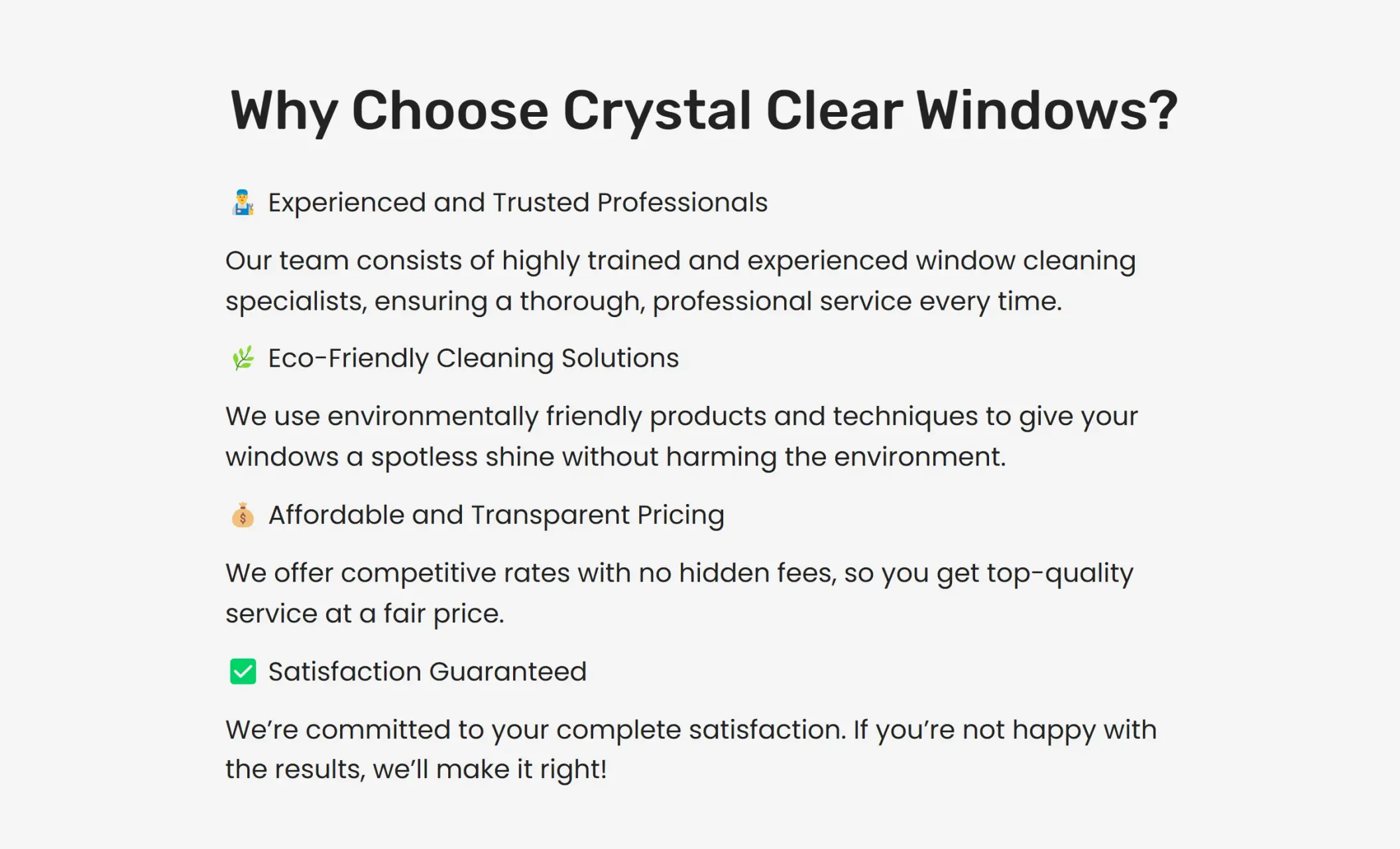 Crystal Clear Windows' website displaying the "Why Choose Crystal Clear Windows?"