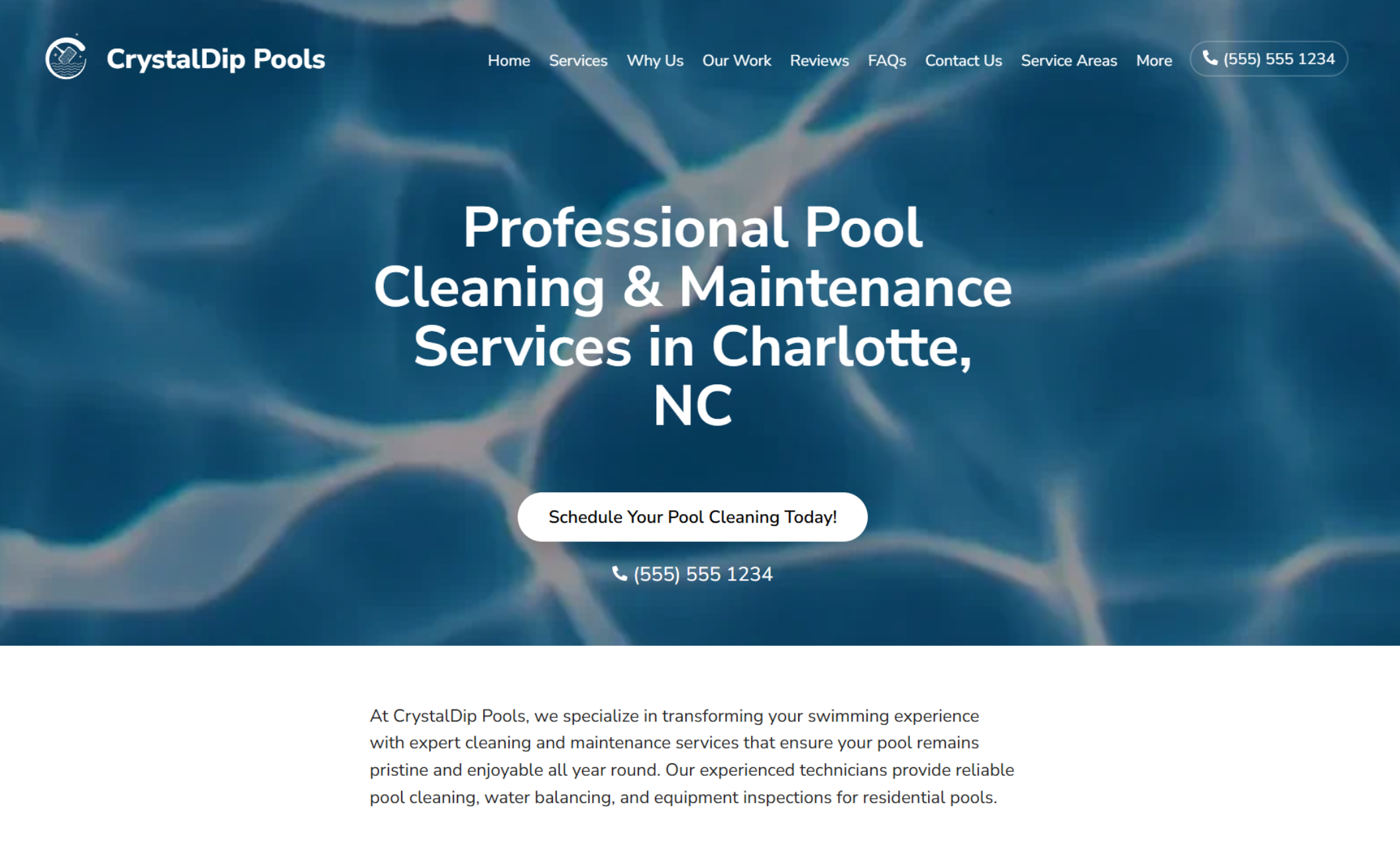CrystalDip Pools homepage featuring a full-width water background with the headline “Professional Pool Cleaning & Maintenance Services in Charlotte, NC” and a centered “Schedule Your Pool Cleaning Today!” button