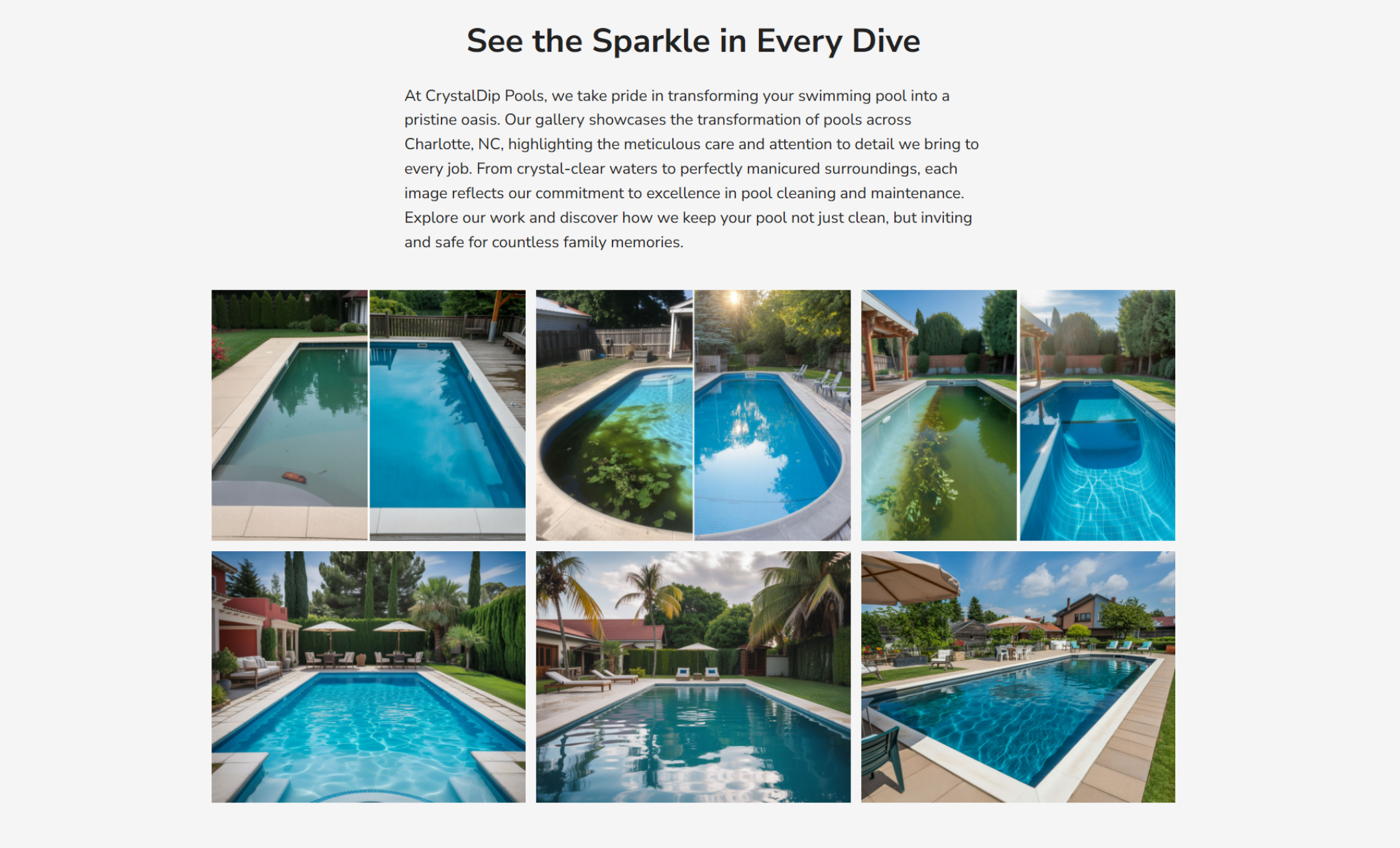 CrystalDip Pools gallery section titled “See the Sparkle in Every Dive,” showcasing before-and-after pool transformations and pristine backyard pools arranged in a clean grid layout
