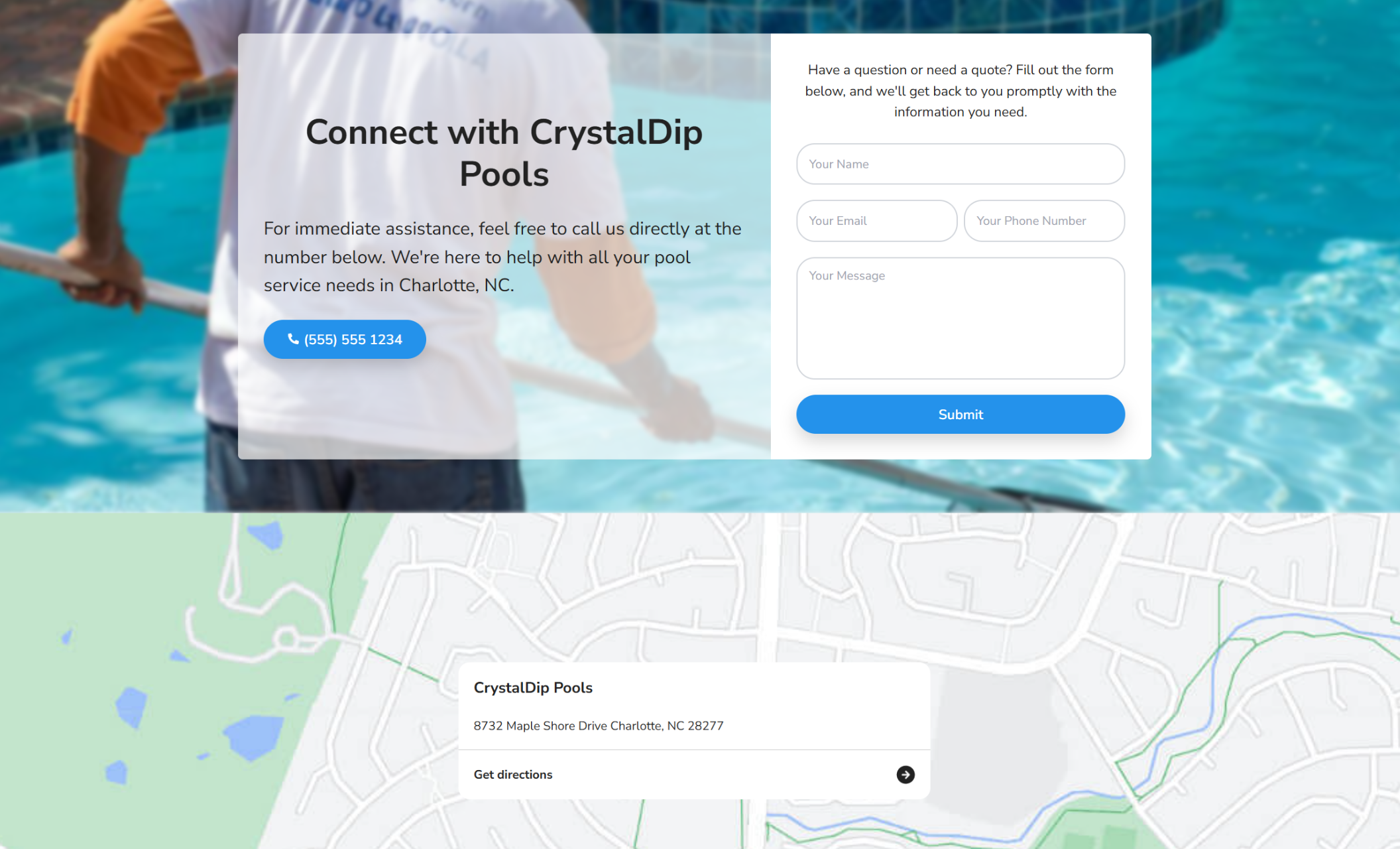 CrystalDip Pools contact section featuring a technician cleaning a pool in the background, alongside a form and the headline “Connect with CrystalDip Pools” with a phone call button
