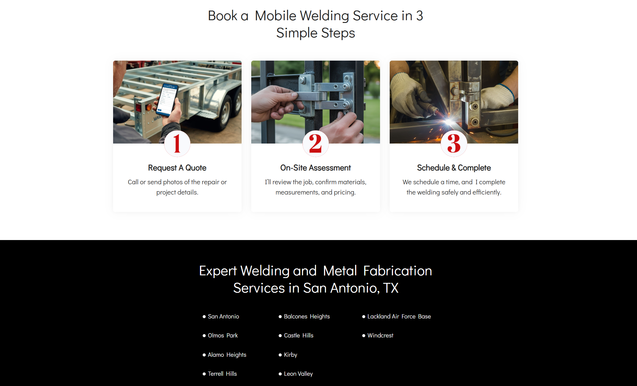 Curtis Weld Works booking process section titled “Book a Mobile Welding Service in 3 Simple Steps,” showing request a quote, on-site assessment, and schedule and complete steps