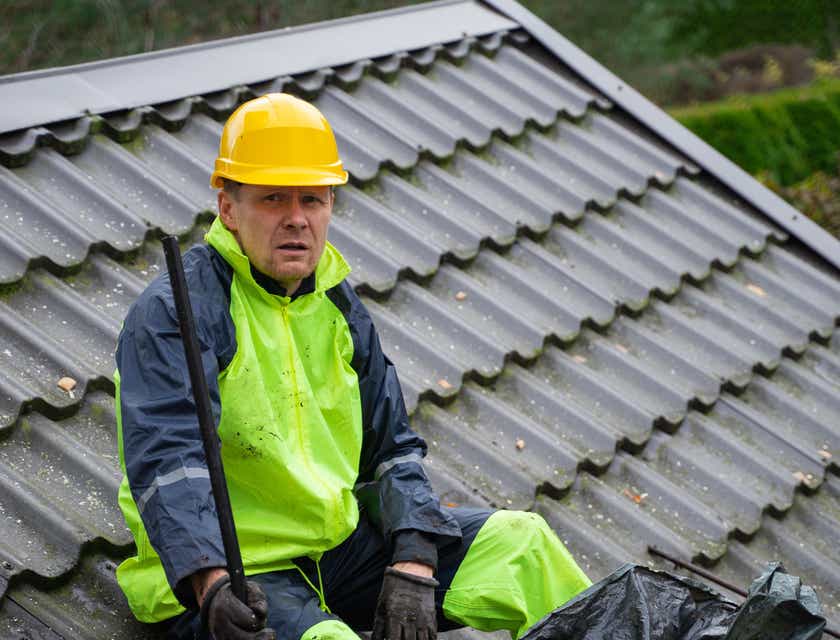 Een man die op een dak zit met dakreinigingsgereedschap.