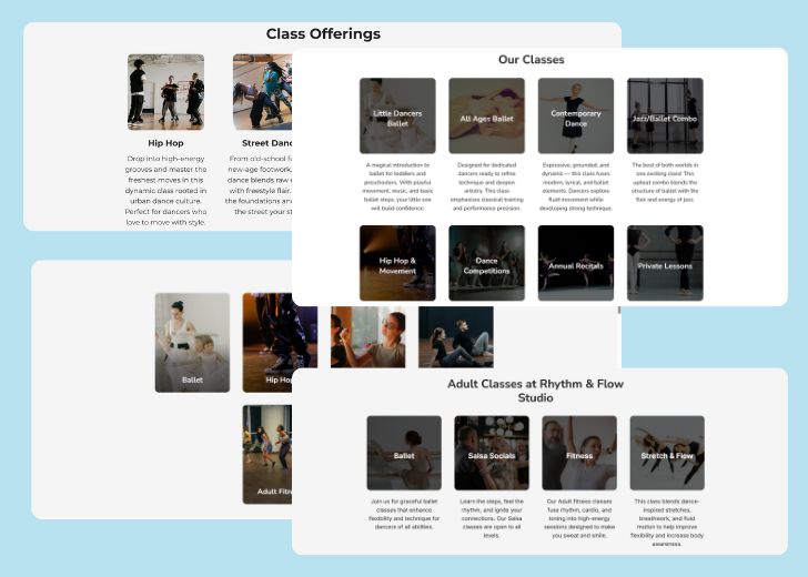 A collage of services section generated by Zarla showing different styles of service items, all having a picture, a title, and a brief description