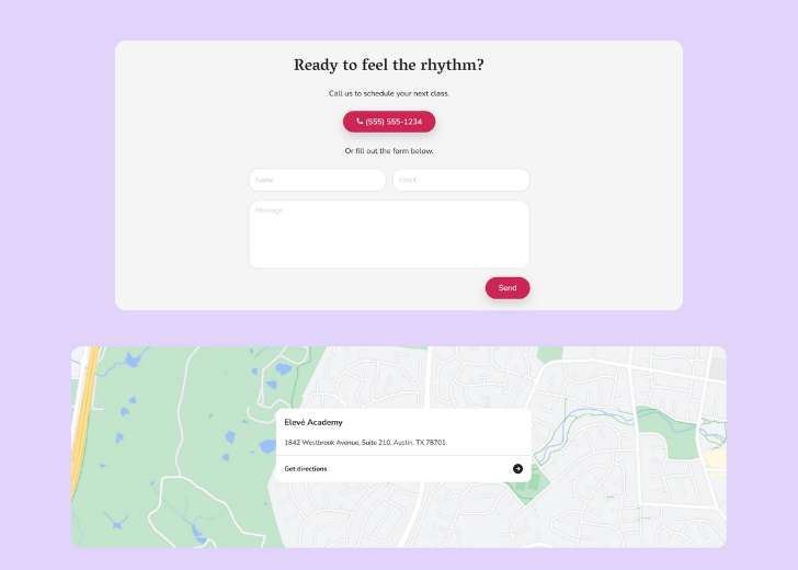 A screenshot of a header with navigation pills with contact number, a blue-colored primary button with contact number, and a 2D depiction of a map with a business address in the center