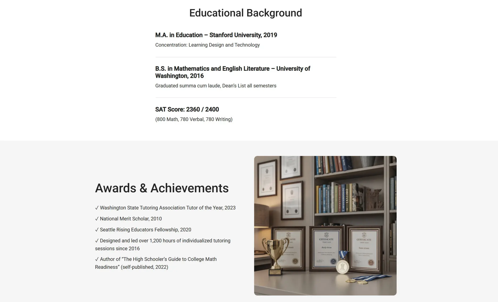 Daniel Kim's website displaying sections about educational background, and awards & achievements